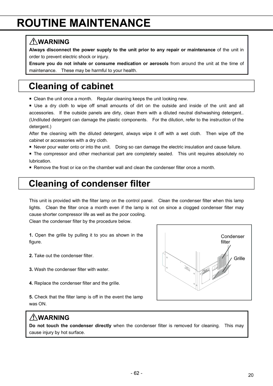 Sanyo MDF-U7486SC, MDF-U5486SC Routine Maintenance, Cleaning of cabinet, Cleaning of condenser filter 