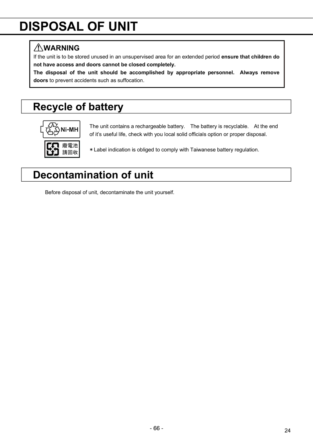 Sanyo MDF-U7486SC, MDF-U5486SC instruction manual Disposal of Unit, Recycle of battery, Decontamination of unit 