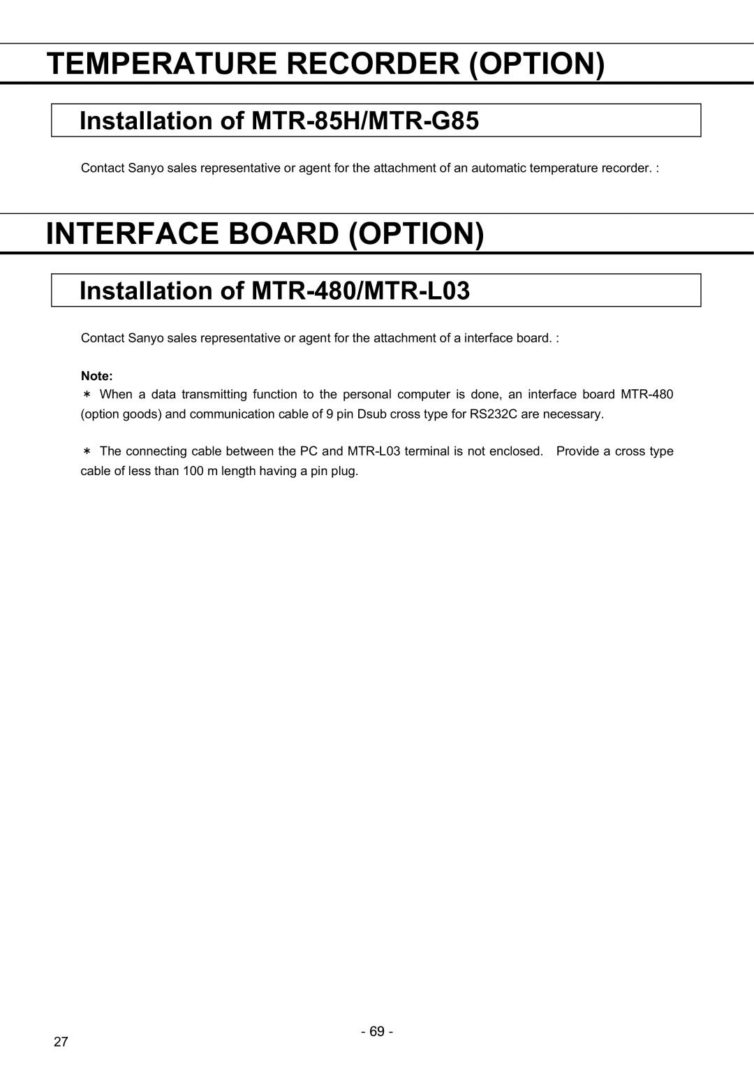 Sanyo MDF-U7486SC, MDF-U5486S Temperature Recorder Option, Interface Board Option, Installation of MTR-85H/MTR-G85 