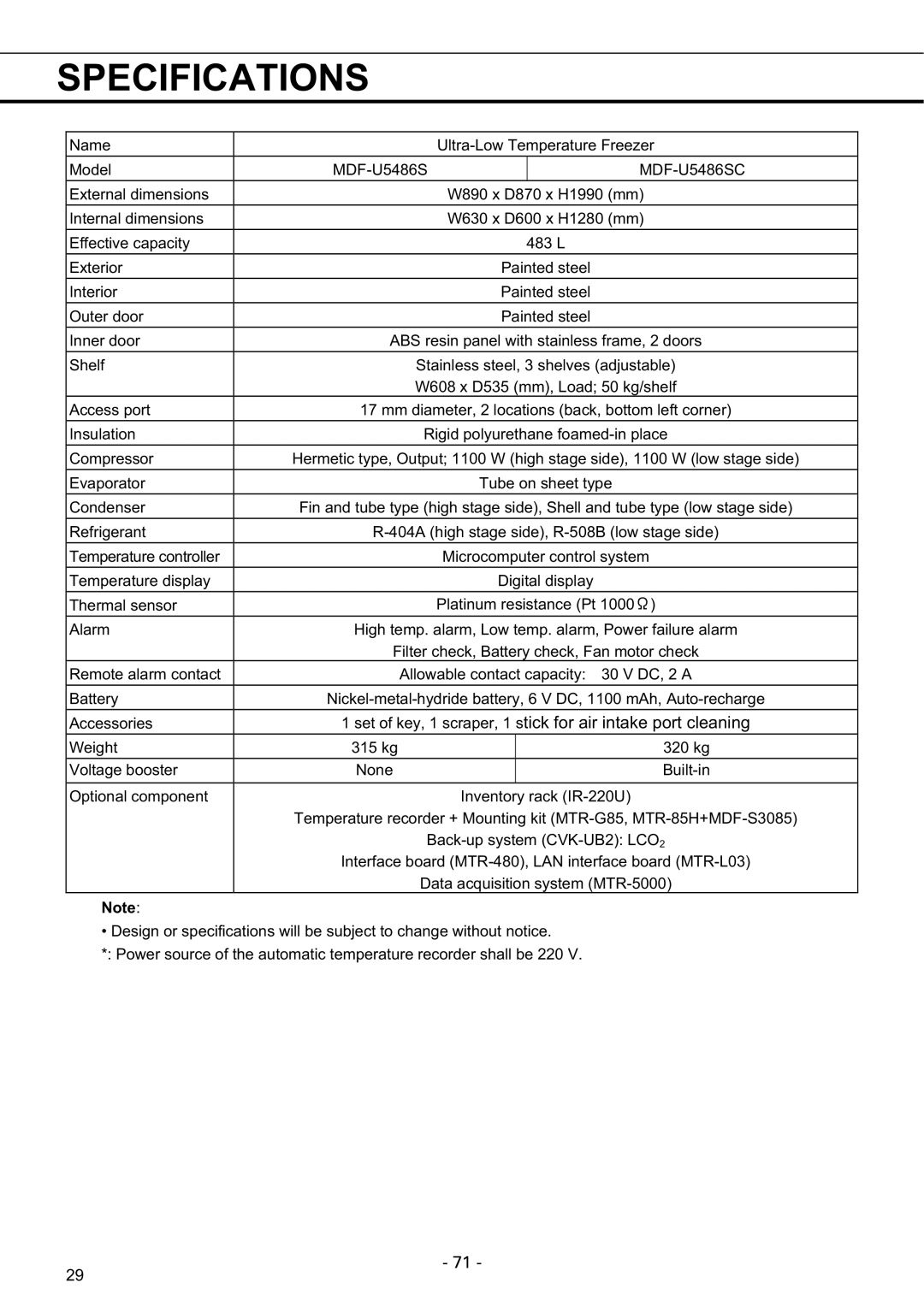 Sanyo MDF-U7486SC instruction manual Specifications, MDF-U5486SC 