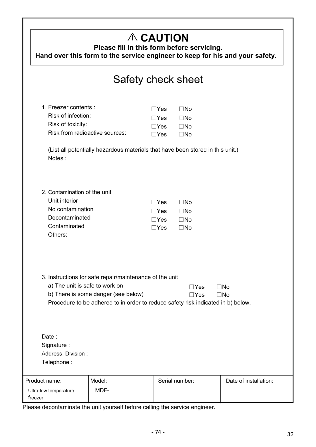 Sanyo MDF-U7486SC, MDF-U5486SC instruction manual Safety check sheet 