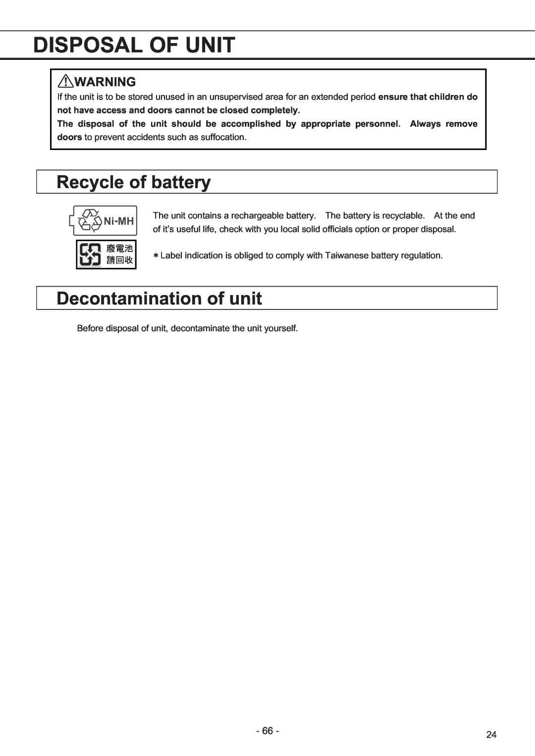 Sanyo MDF-U7486SC, MDF-U5486SC instruction manual Disposal Of Unit, Recycle of battery, Decontamination of unit 