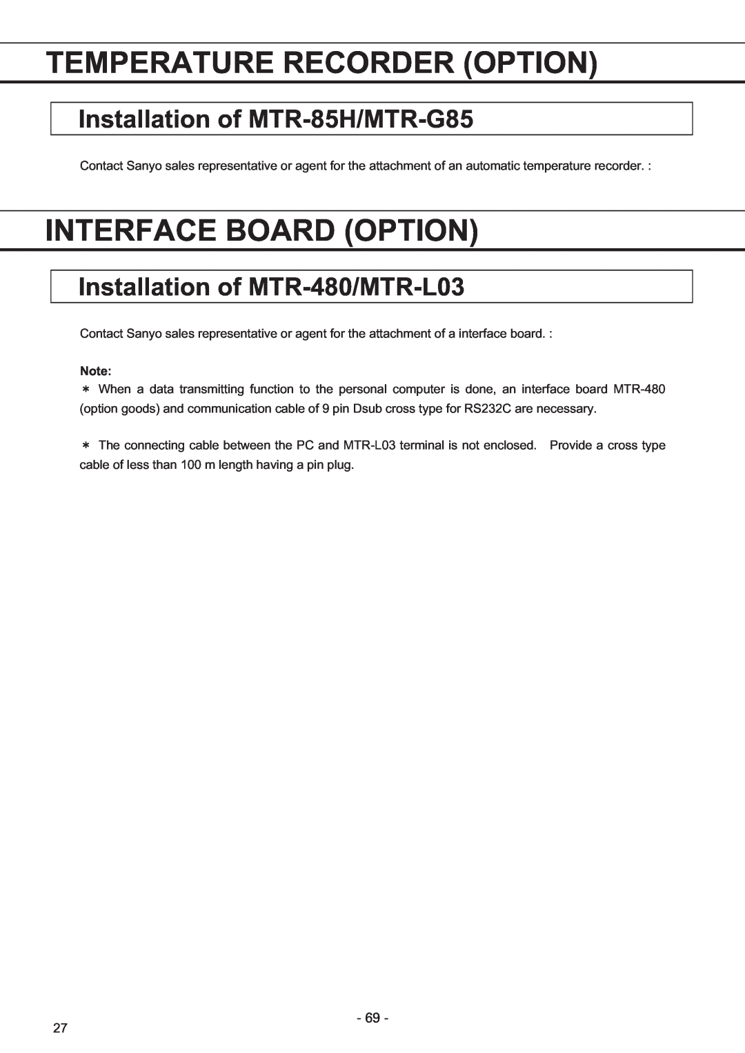 Sanyo MDF-U7486SC, MDF-U5486S Temperature Recorder Option, Interface Board Option, Installation of MTR-85H/MTR-G85 
