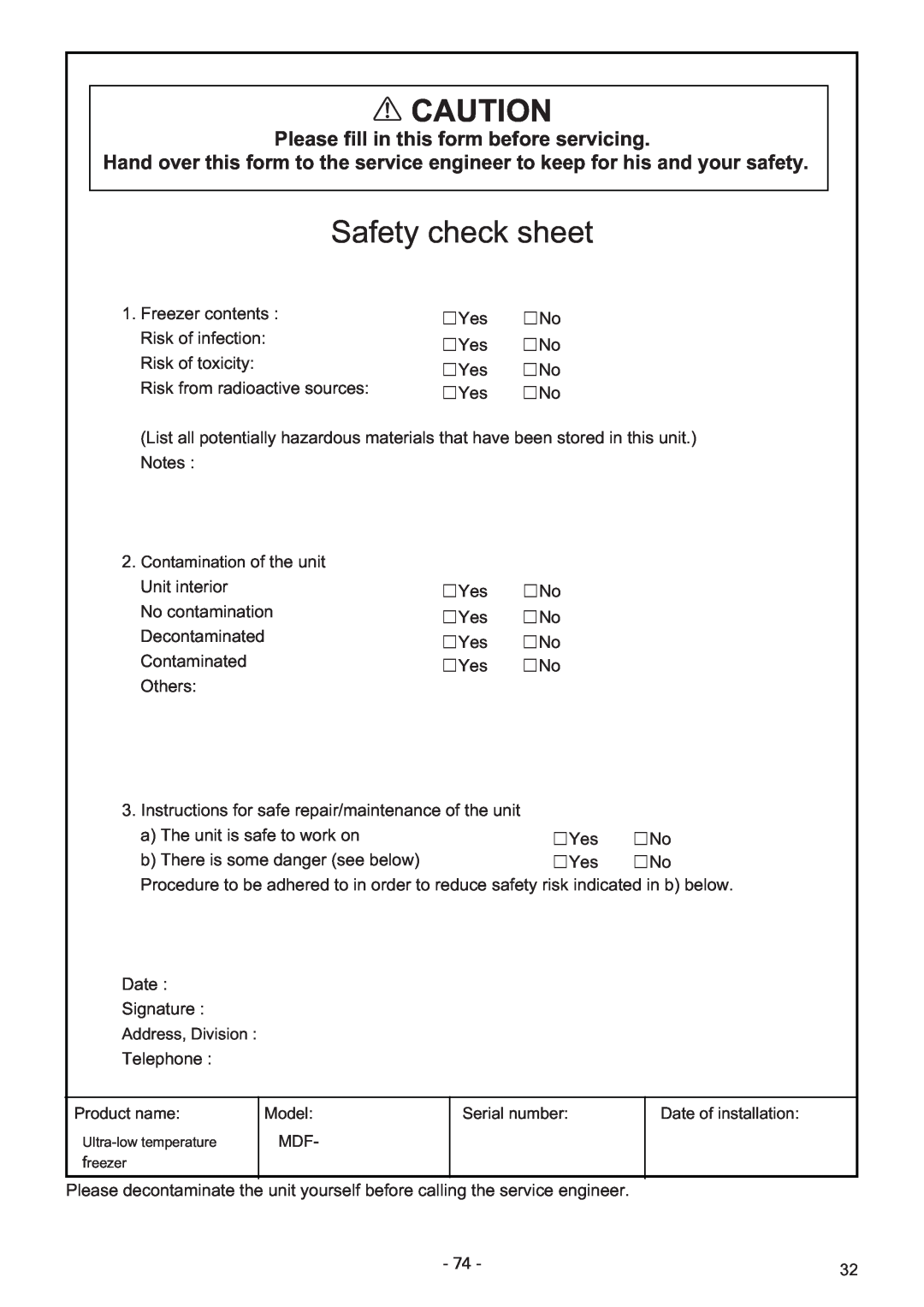 Sanyo MDF-U7486SC, MDF-U5486SC instruction manual Safety check sheet, Please fill in this form before servicing 