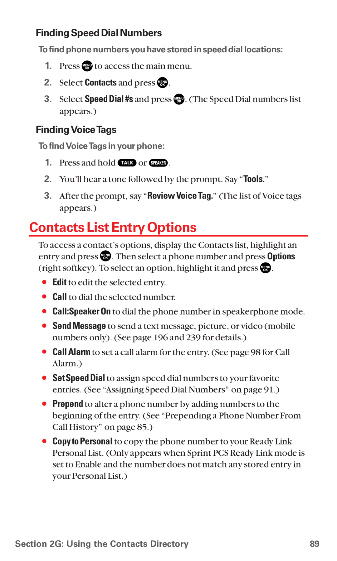 Sanyo MM-5600 Contacts List Entry Options, Finding Speed Dial Numbers, FindingVoiceTags, To find VoiceTags in your phone 