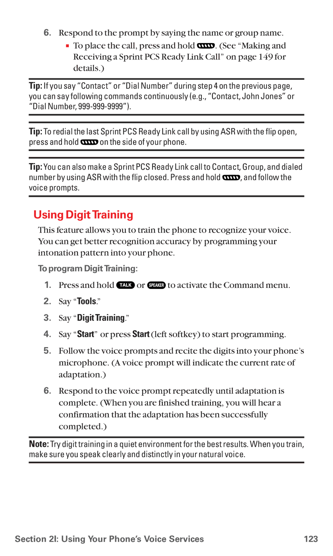 Sanyo MM-5600 Using Digit Training, Say ÒDigit Training.Ó, To program DigitTraining, Using Your PhoneÕs Voice Services 123 