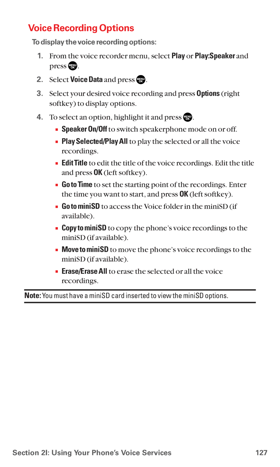 Sanyo MM-5600 manual Voice Recording Options, To display the voice recording options, Using Your Phone’s Voice Services 127 