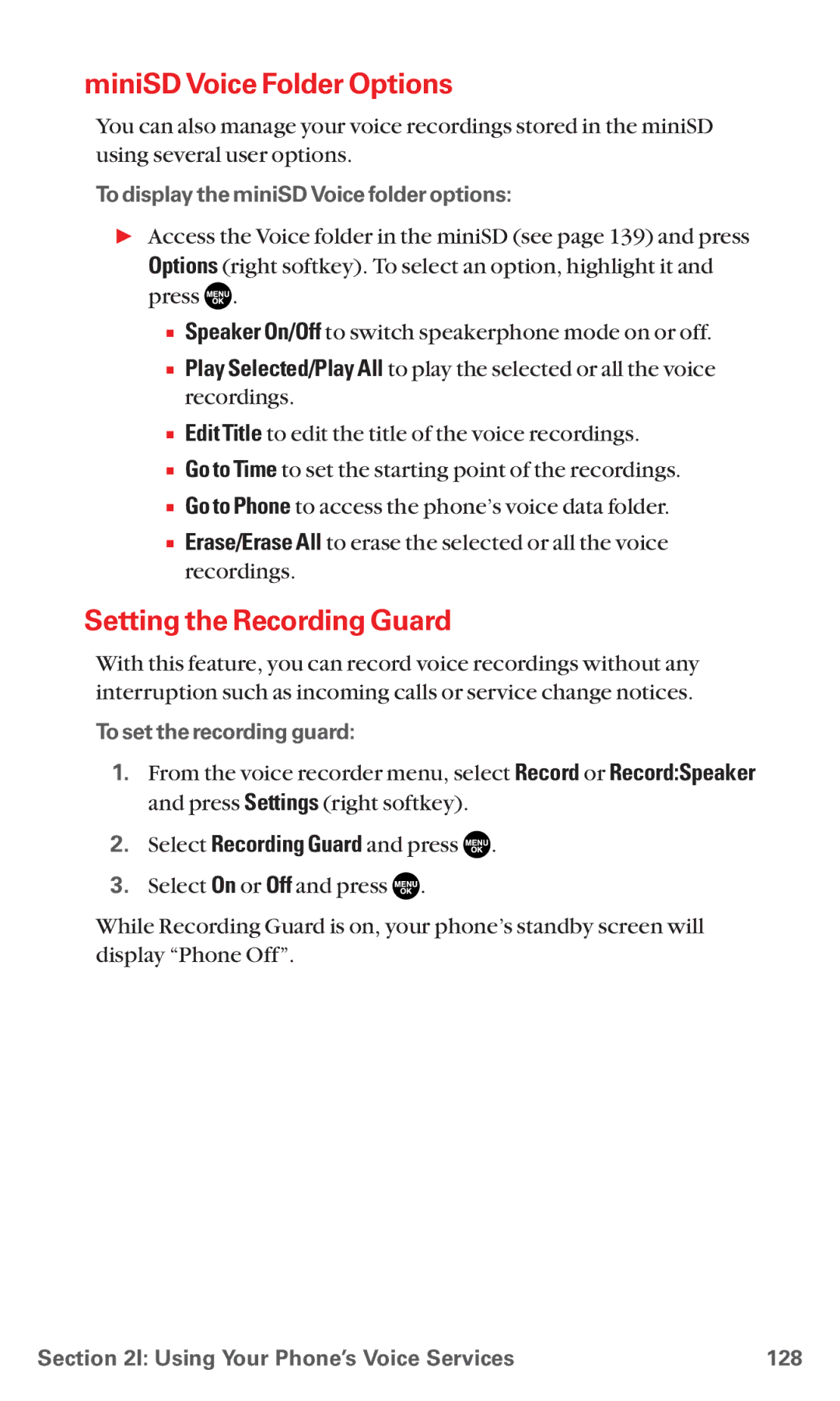 Sanyo MM-5600 manual MiniSD Voice Folder Options, Setting the Recording Guard, To display the miniSD Voice folder options 