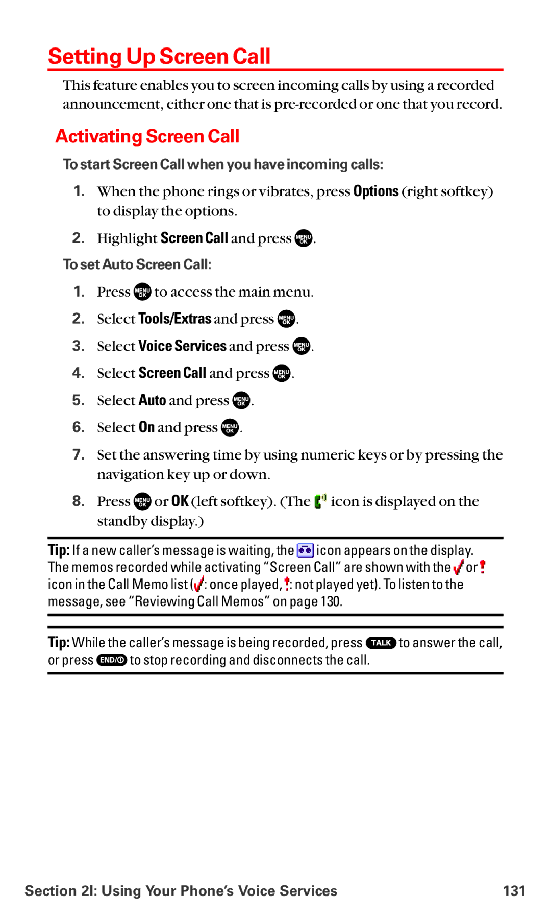 Sanyo MM-5600 manual Setting Up Screen Call, Activating Screen Call, To start Screen Call when you have incoming calls 