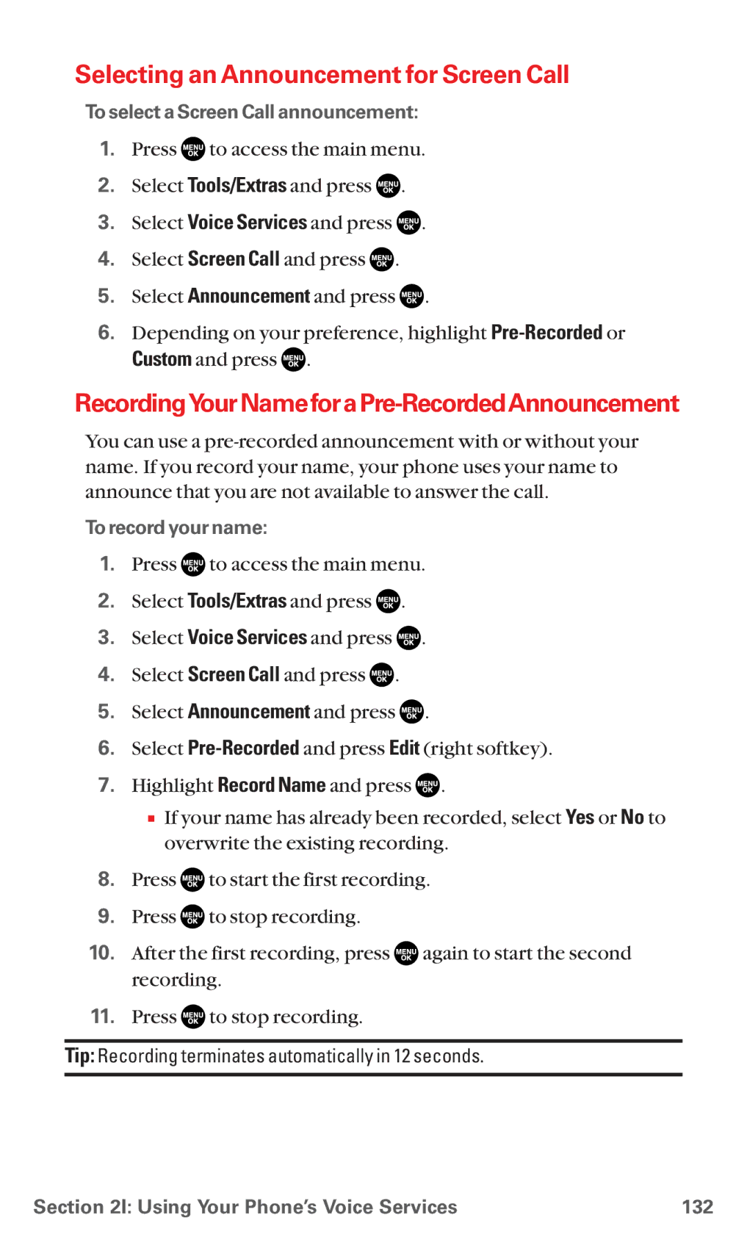 Sanyo MM-5600 manual Selecting an Announcement for Screen Call, RecordingYourNameforaPre-RecordedAnnouncement 