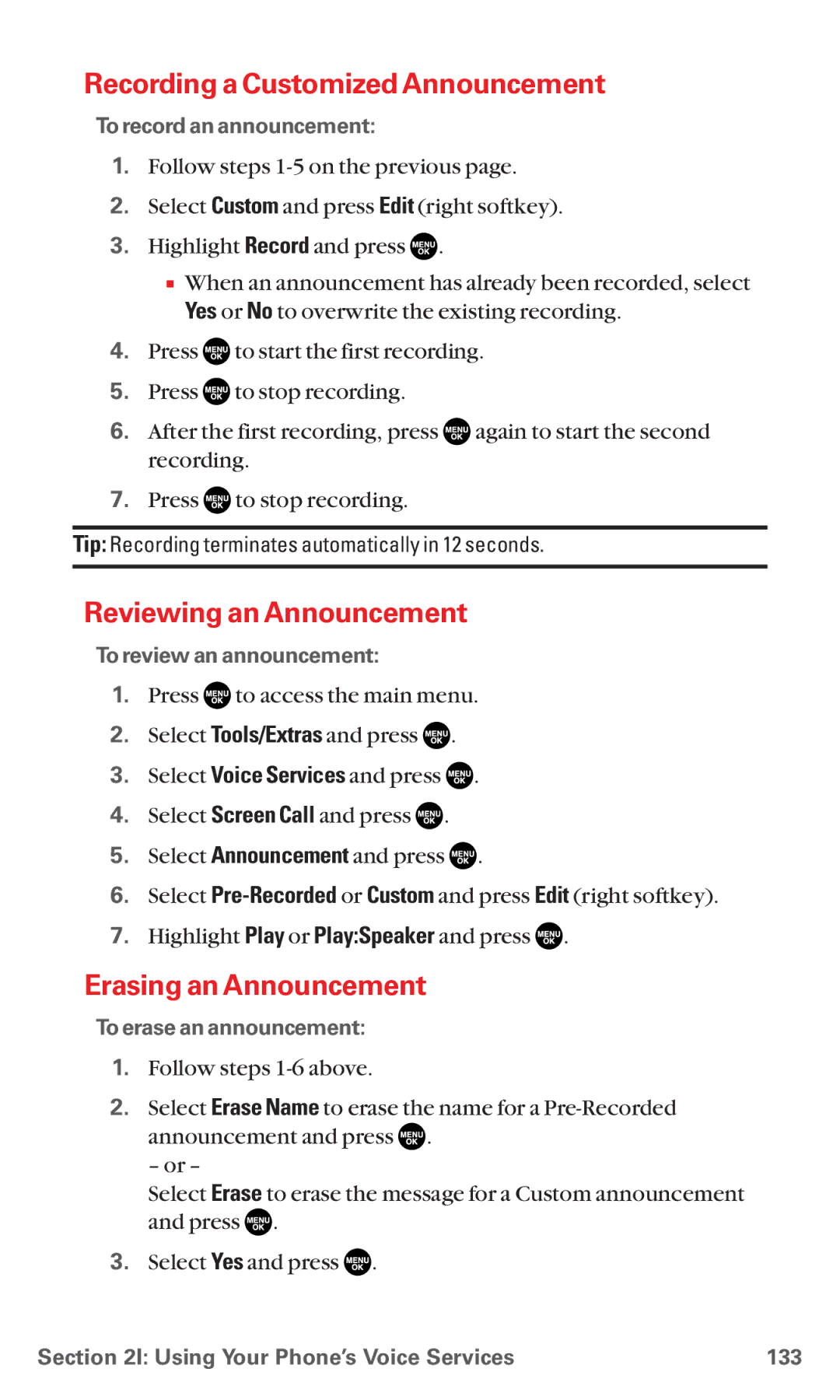 Sanyo MM-5600 manual Recording a Customized Announcement, Reviewing an Announcement, Erasing an Announcement 