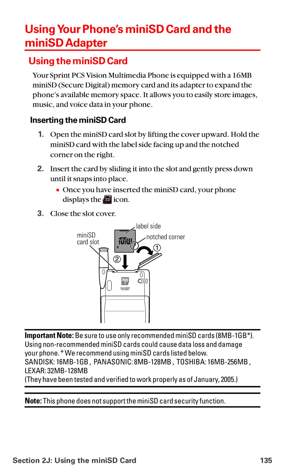 Sanyo MM-5600 Using Your PhoneÕs miniSD Card and the miniSD Adapter, Using the miniSD Card, Inserting the miniSD Card 