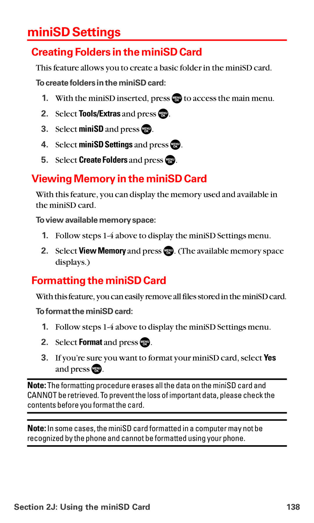 Sanyo MM-5600 manual MiniSD Settings, Creating Folders in the miniSD Card, Viewing Memory in the miniSD Card 