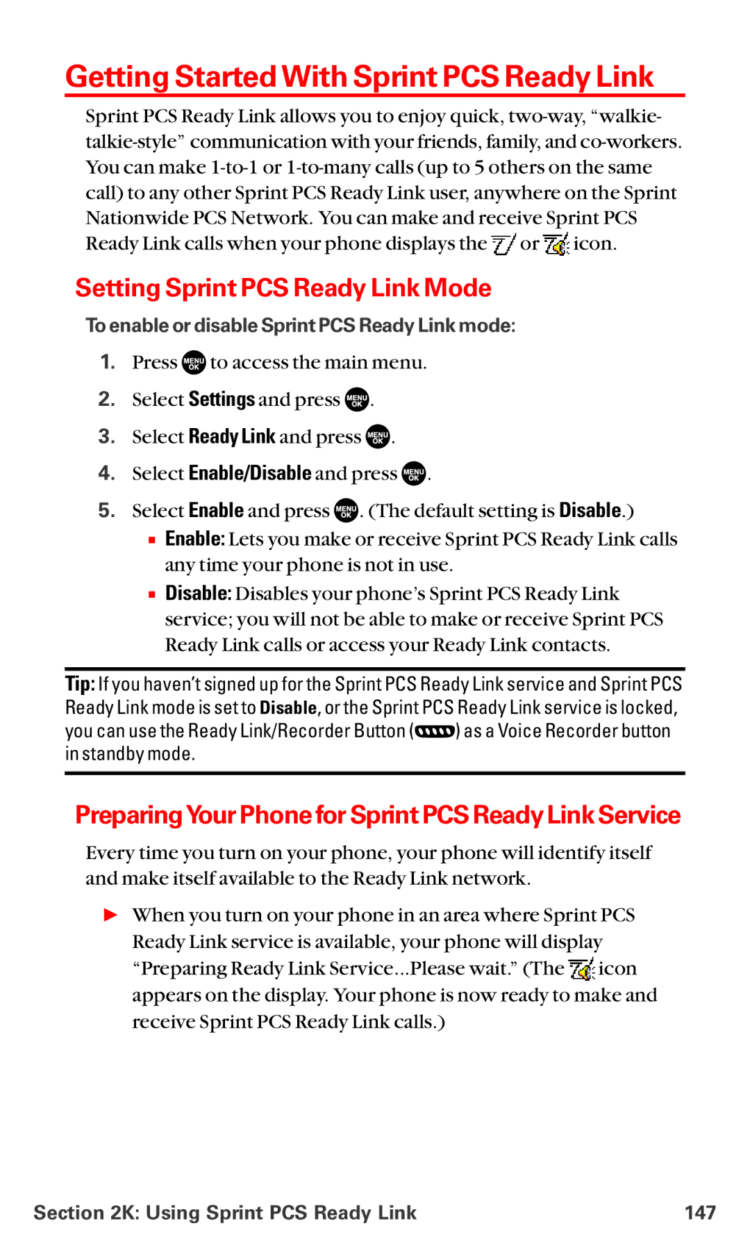 Sanyo MM-5600 manual Getting Started With Sprint PCS Ready Link, Setting Sprint PCS Ready Link Mode 