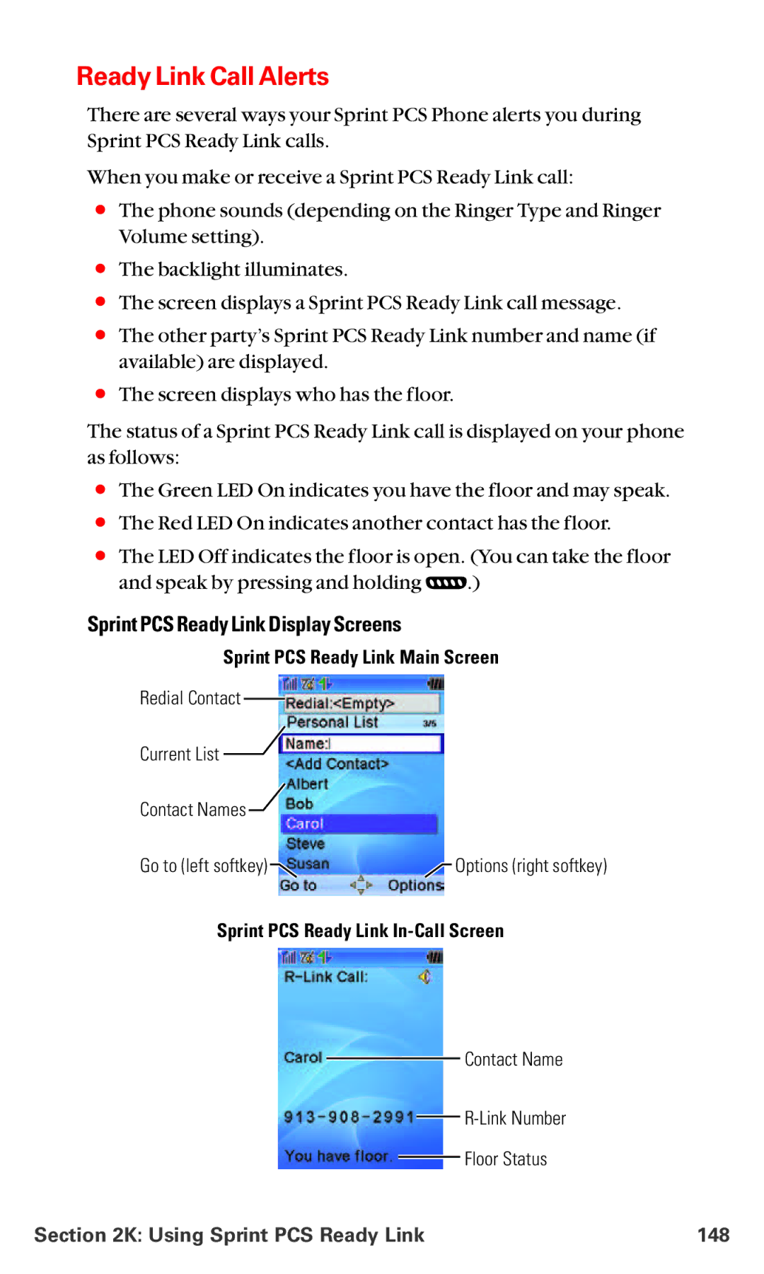 Sanyo MM-5600 manual Ready Link Call Alerts, Sprint PCS Ready Link Display Screens, Using Sprint PCS Ready Link 148 