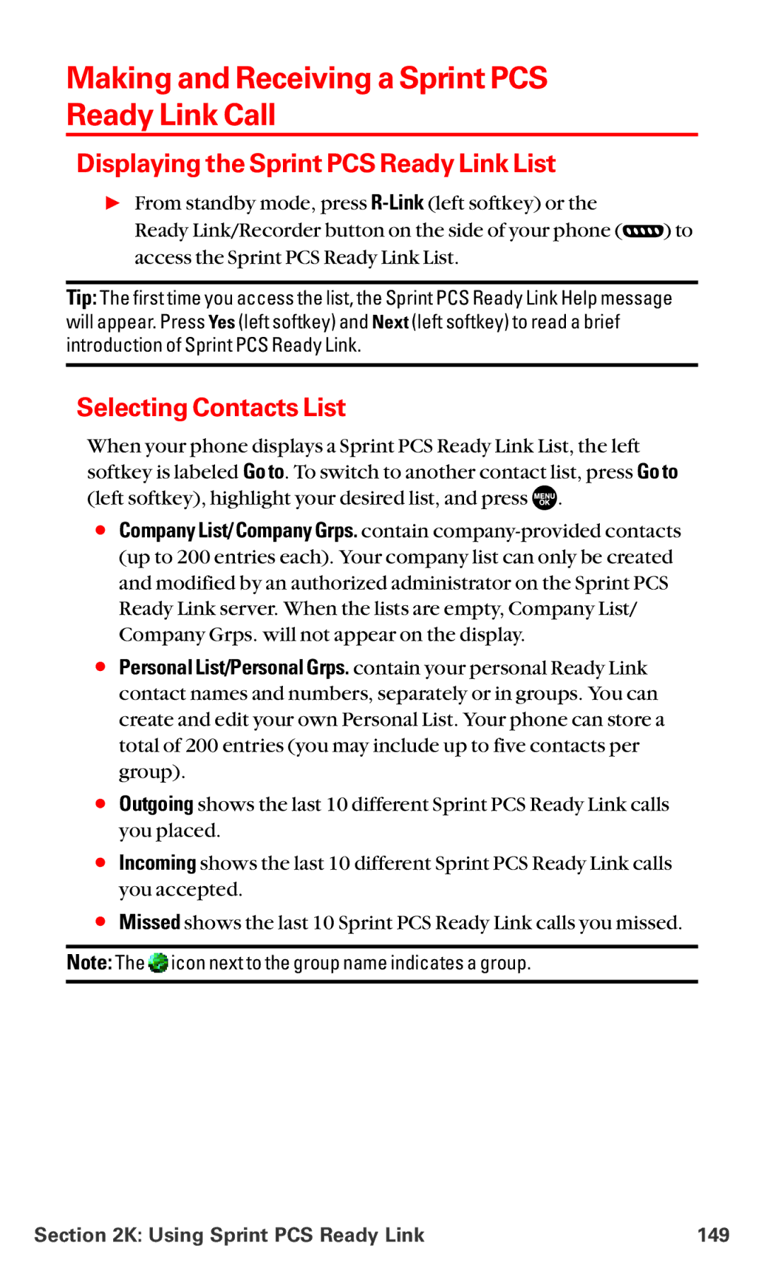 Sanyo MM-5600 manual Making and Receiving a Sprint PCS Ready Link Call, Displaying the Sprint PCS Ready Link List 