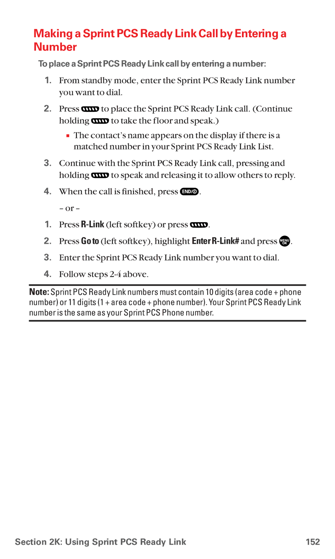 Sanyo MM-5600 manual Making a Sprint PCS Ready Link Call by Entering a Number, Using Sprint PCS Ready Link 152 