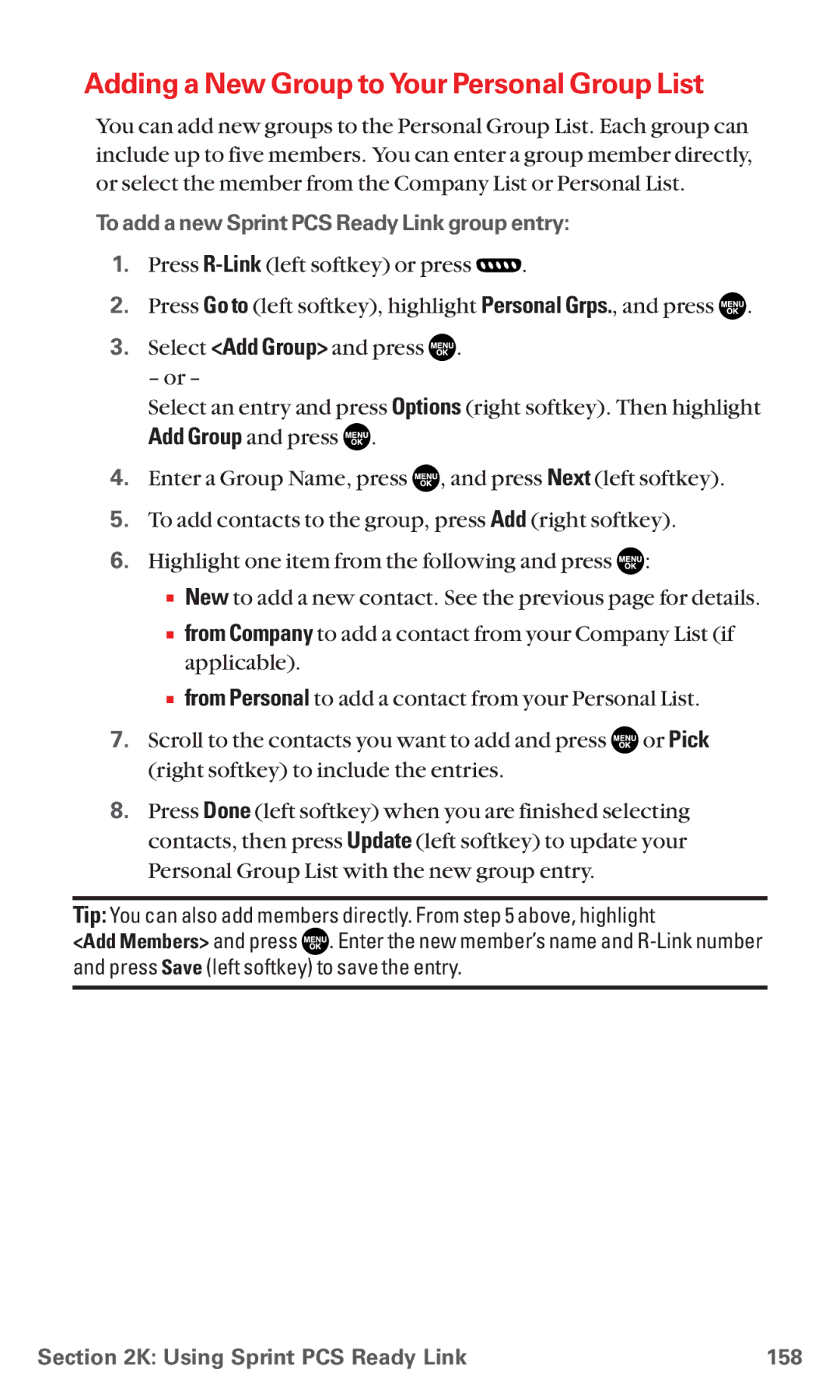 Sanyo MM-5600 manual Adding a New Group toYour Personal Group List, To add a new Sprint PCS Ready Link group entry 