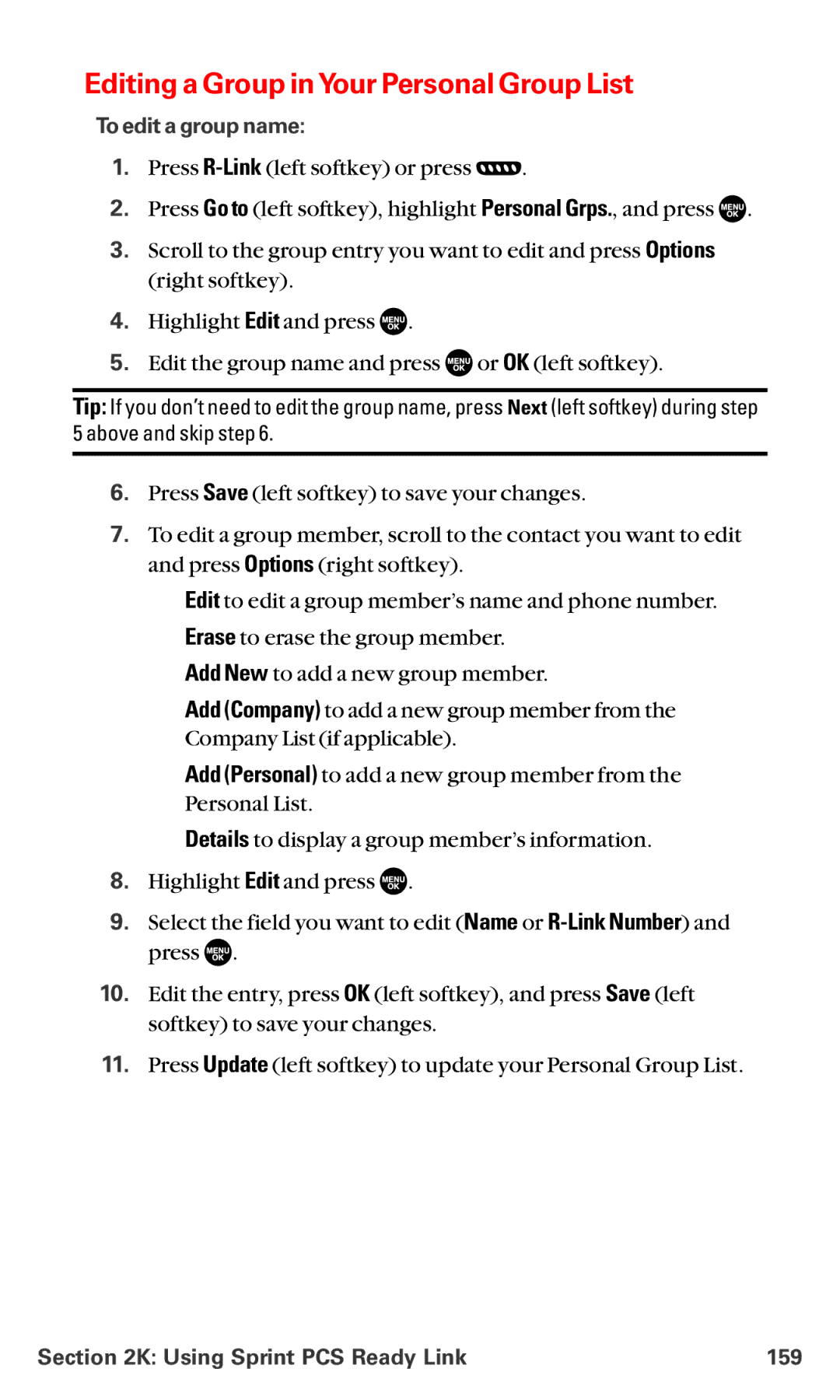 Sanyo MM-5600 manual Editing a Group inYour Personal Group List, To edit a group name, Using Sprint PCS Ready Link 159 