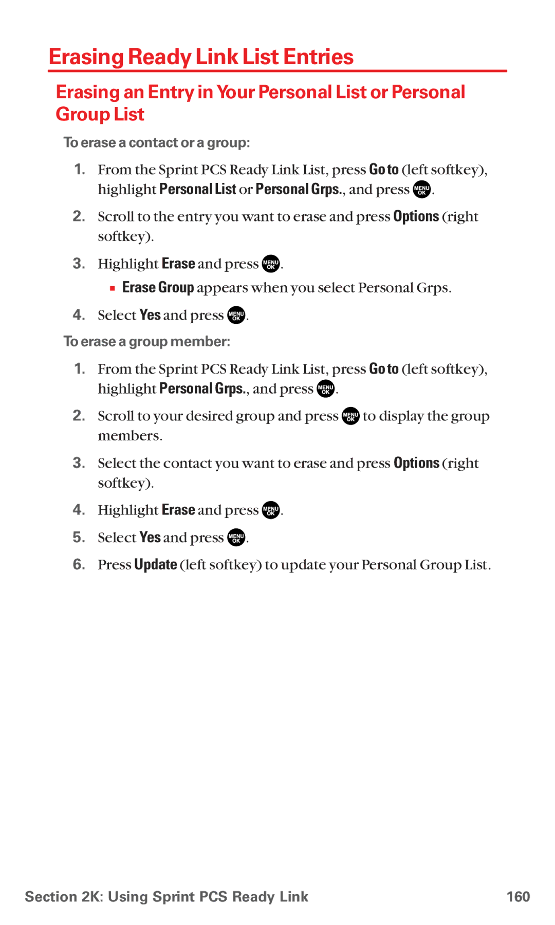 Sanyo MM-5600 manual Erasing Ready Link List Entries, To erase a contact or a group, To erase a group member 