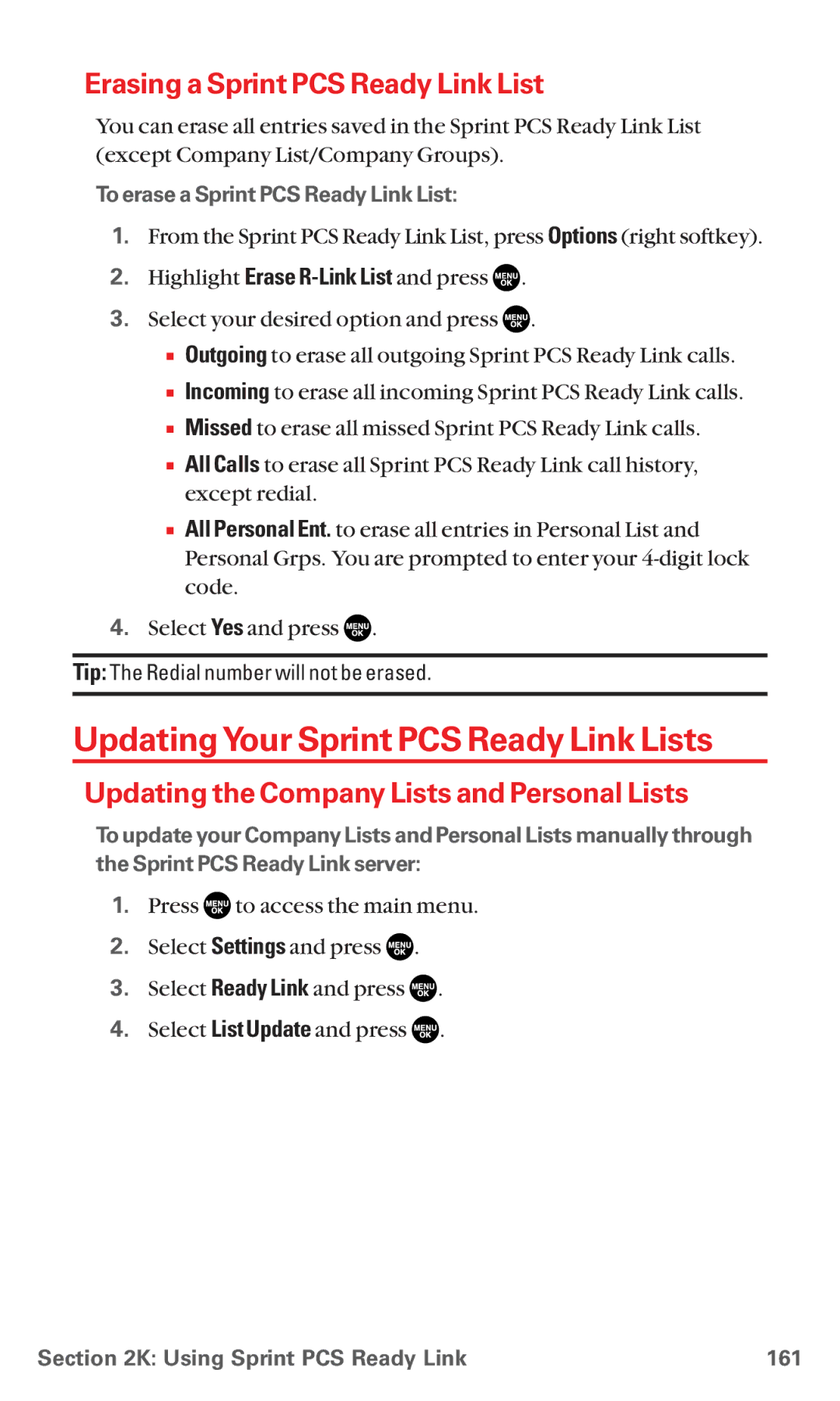 Sanyo MM-5600 manual UpdatingYour Sprint PCS Ready Link Lists, Erasing a Sprint PCS Ready Link List 