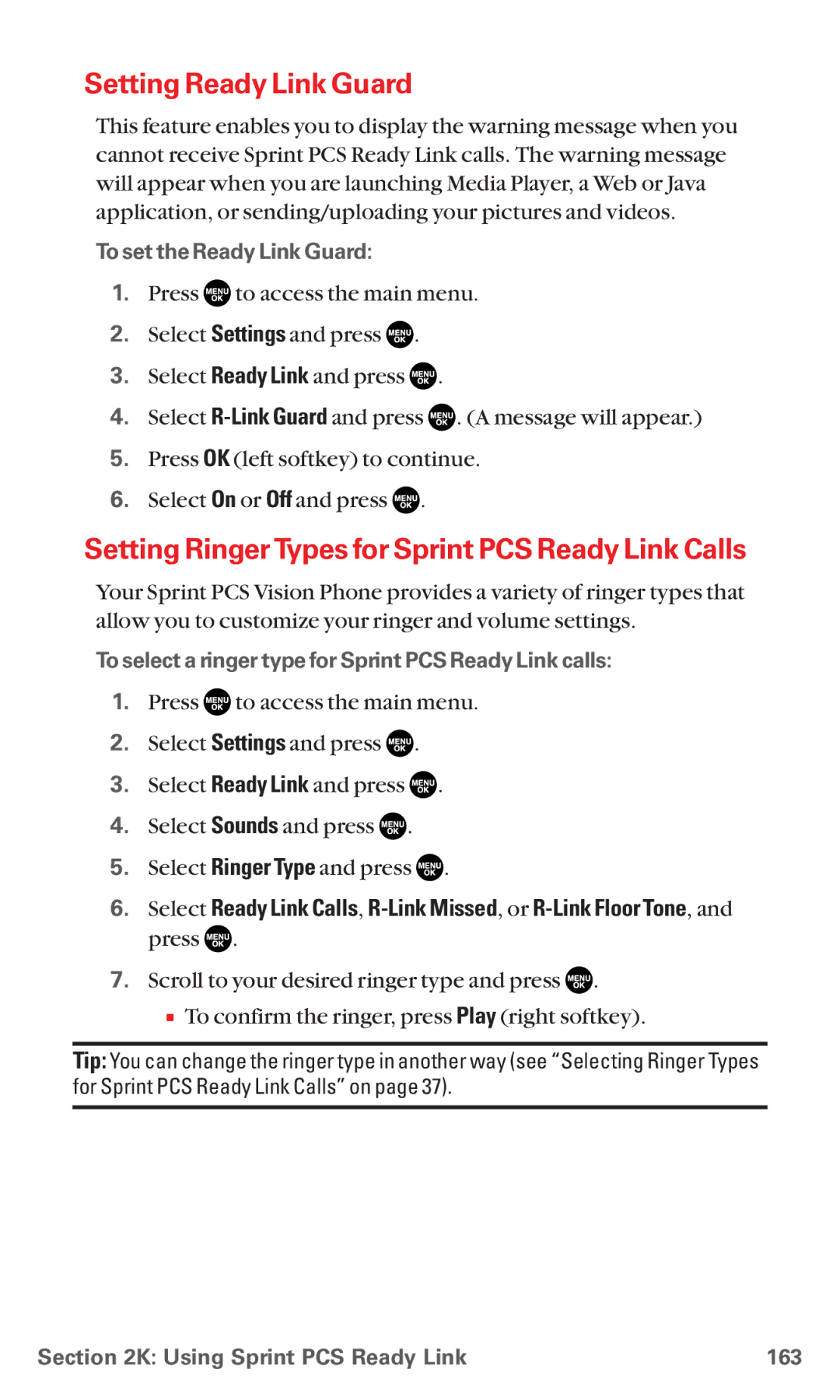 Sanyo MM-5600 Setting Ready Link Guard, Setting RingerTypes for Sprint PCS Ready Link Calls, To set the Ready Link Guard 