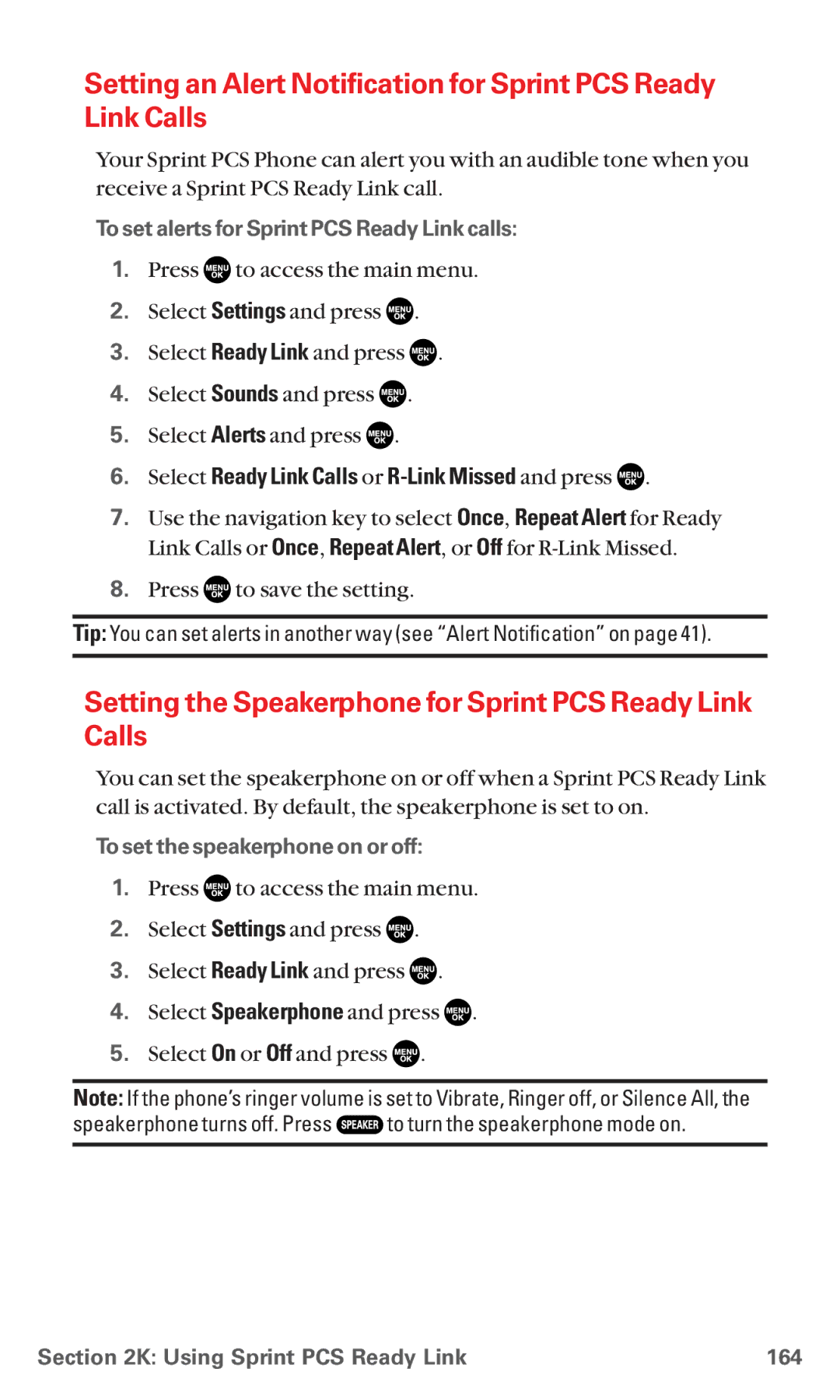 Sanyo MM-5600 Setting the Speakerphone for Sprint PCS Ready Link Calls, Select Ready Link Calls or R-Link Missed and press 