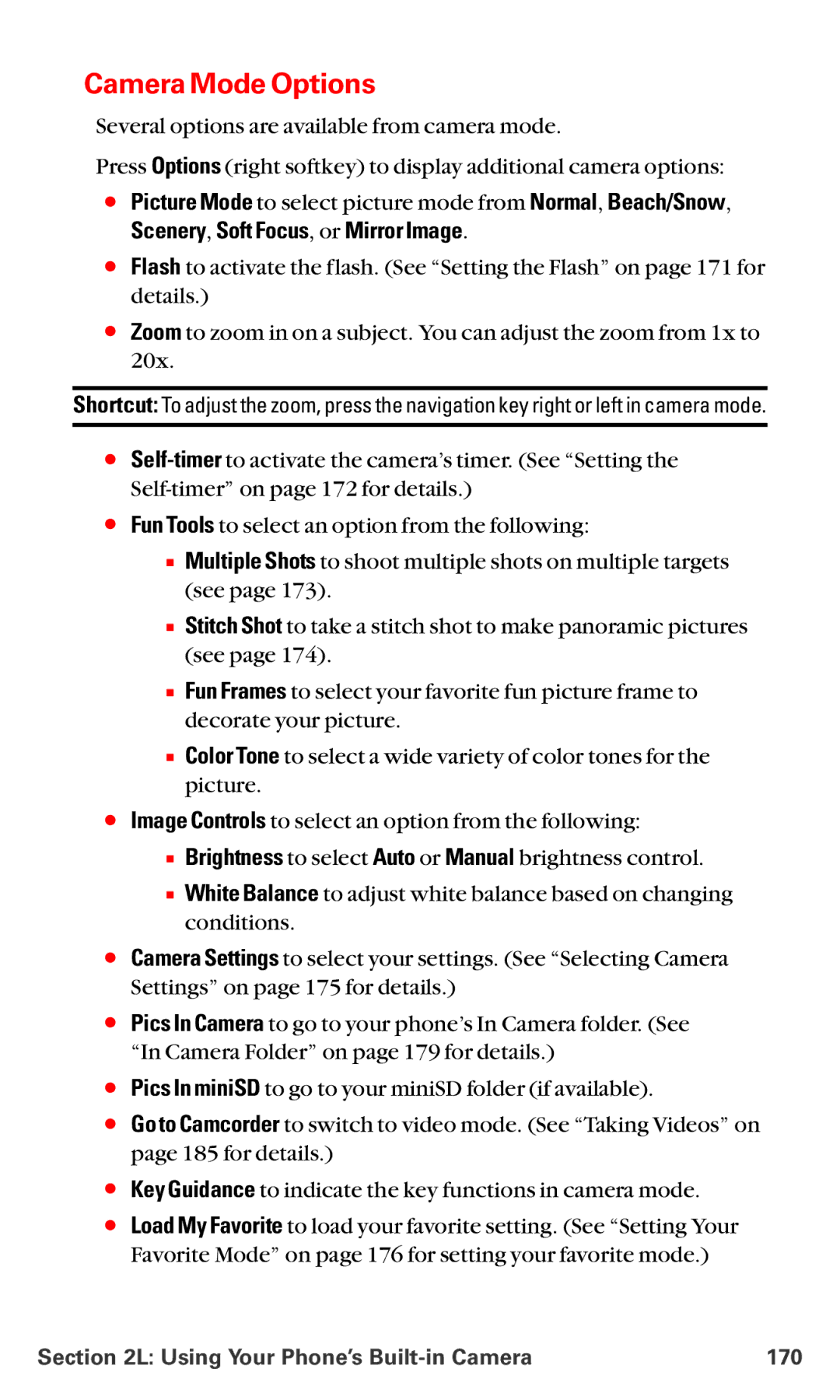 Sanyo MM-5600 manual Camera Mode Options, Using Your PhoneÕs Built-in Camera 170 