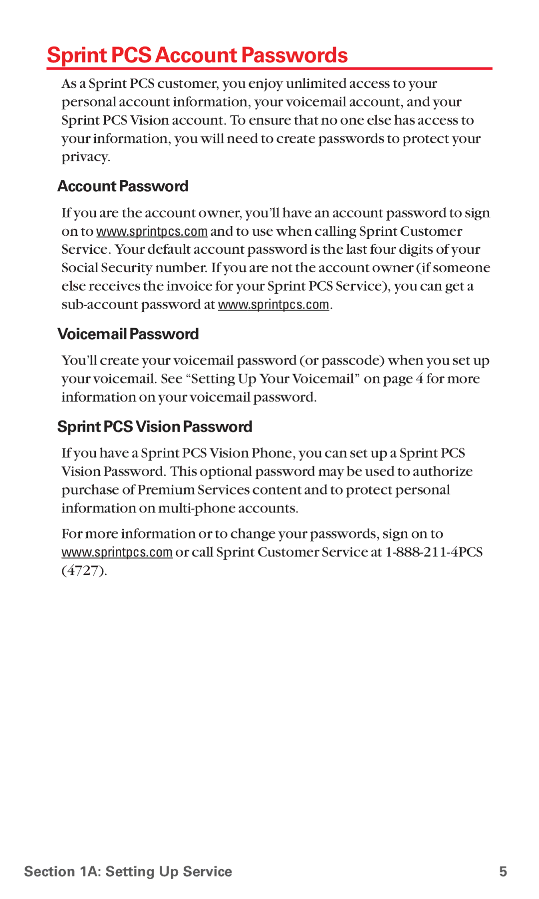 Sanyo MM-5600 manual Sprint PCSAccount Passwords, Account Password Voicemail Password, Sprint PCS Vision Password 