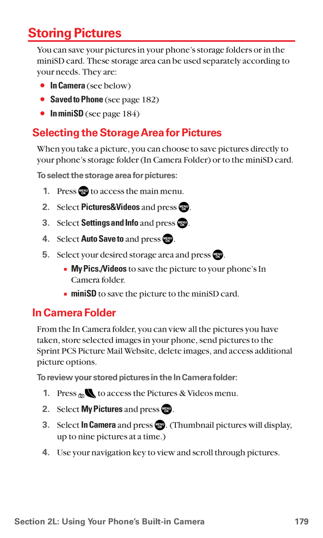 Sanyo MM-5600 manual Storing Pictures, Selecting the Storage Area for Pictures, Camera Folder,  Saved to Phone see 