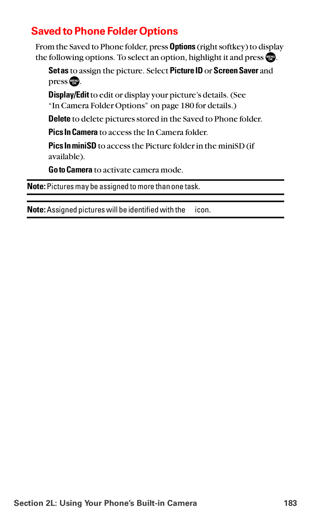 Sanyo MM-5600 manual Saved to Phone Folder Options, Using Your Phone’s Built-in Camera 183 