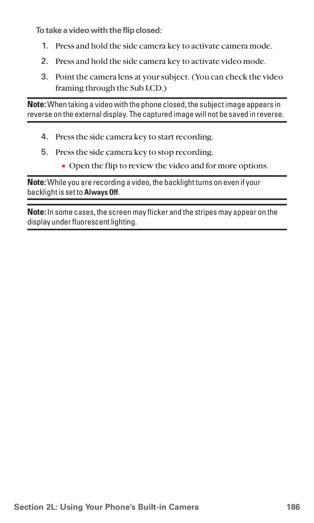 Sanyo MM-5600 manual To take a video with the flip closed, Using Your PhoneÕs Built-in Camera 186 