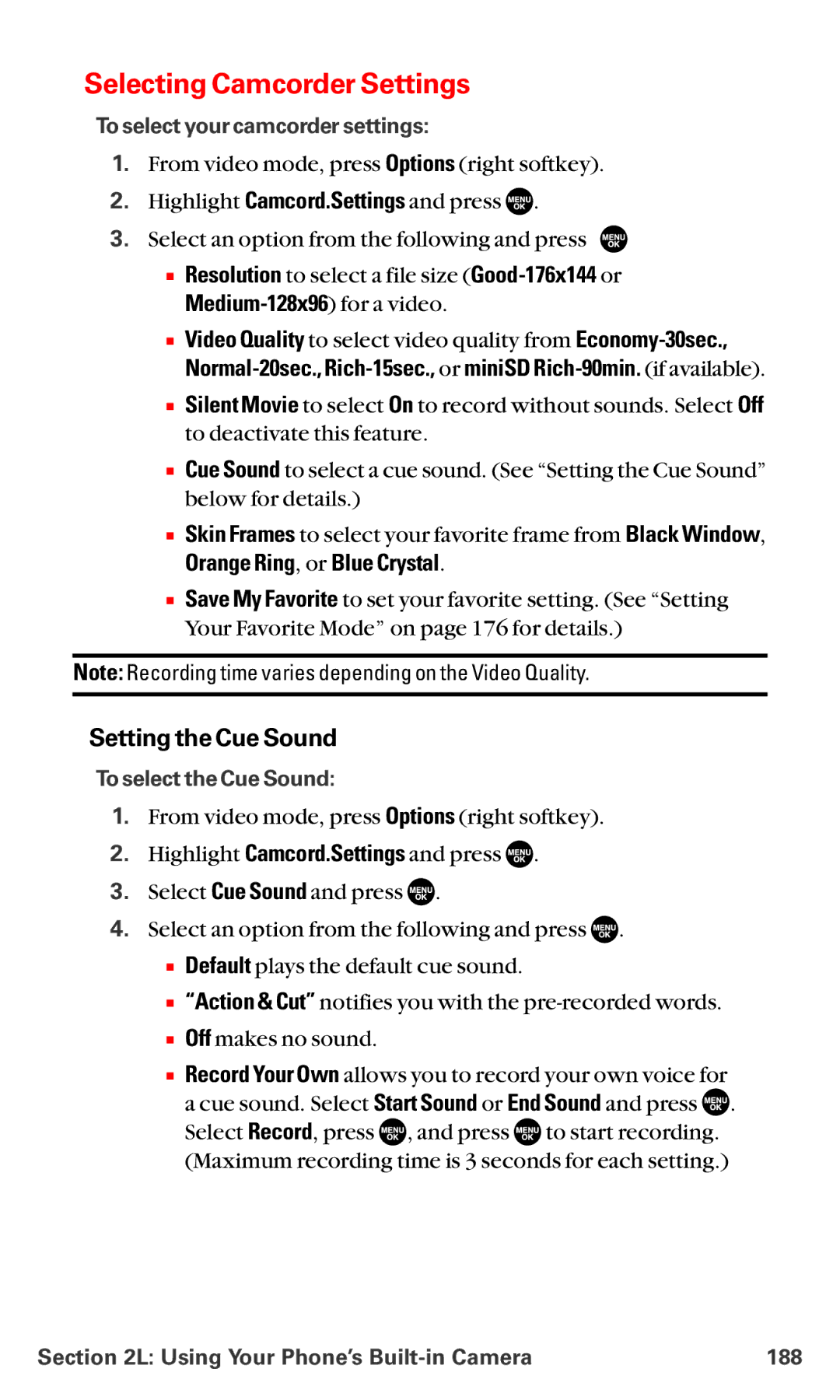 Sanyo MM-5600 manual Selecting Camcorder Settings, Setting the Cue Sound, Orange Ring, or Blue Crystal 