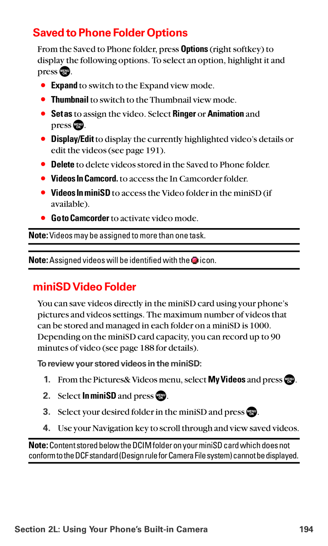 Sanyo MM-5600 MiniSD Video Folder, To review your stored videos in the miniSD, Using Your PhoneÕs Built-in Camera 194 