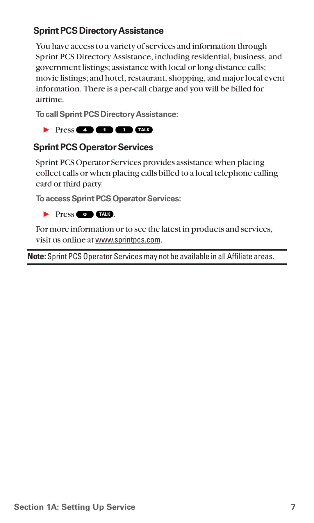 Sanyo MM-5600 manual Sprint PCS Operator Services, To call Sprint PCS Directory Assistance 