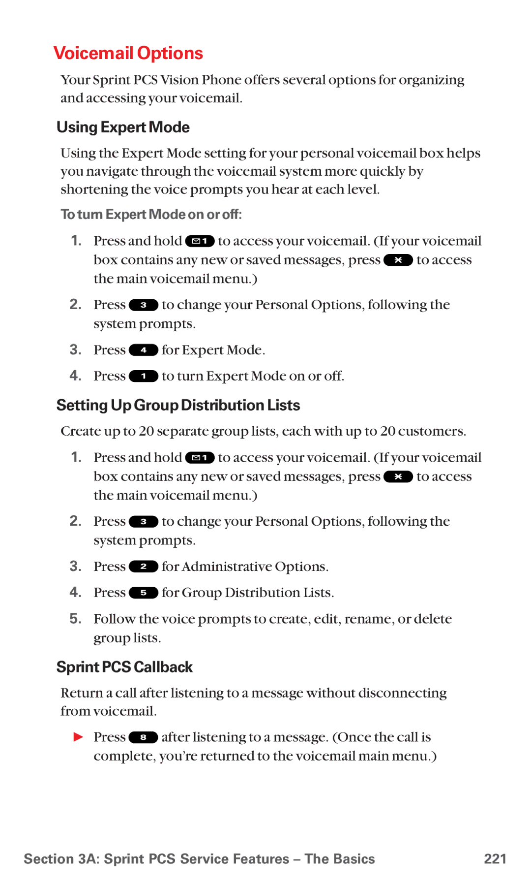 Sanyo MM-5600 manual Voicemail Options, Using Expert Mode, Setting Up Group Distribution Lists, Sprint PCS Callback 