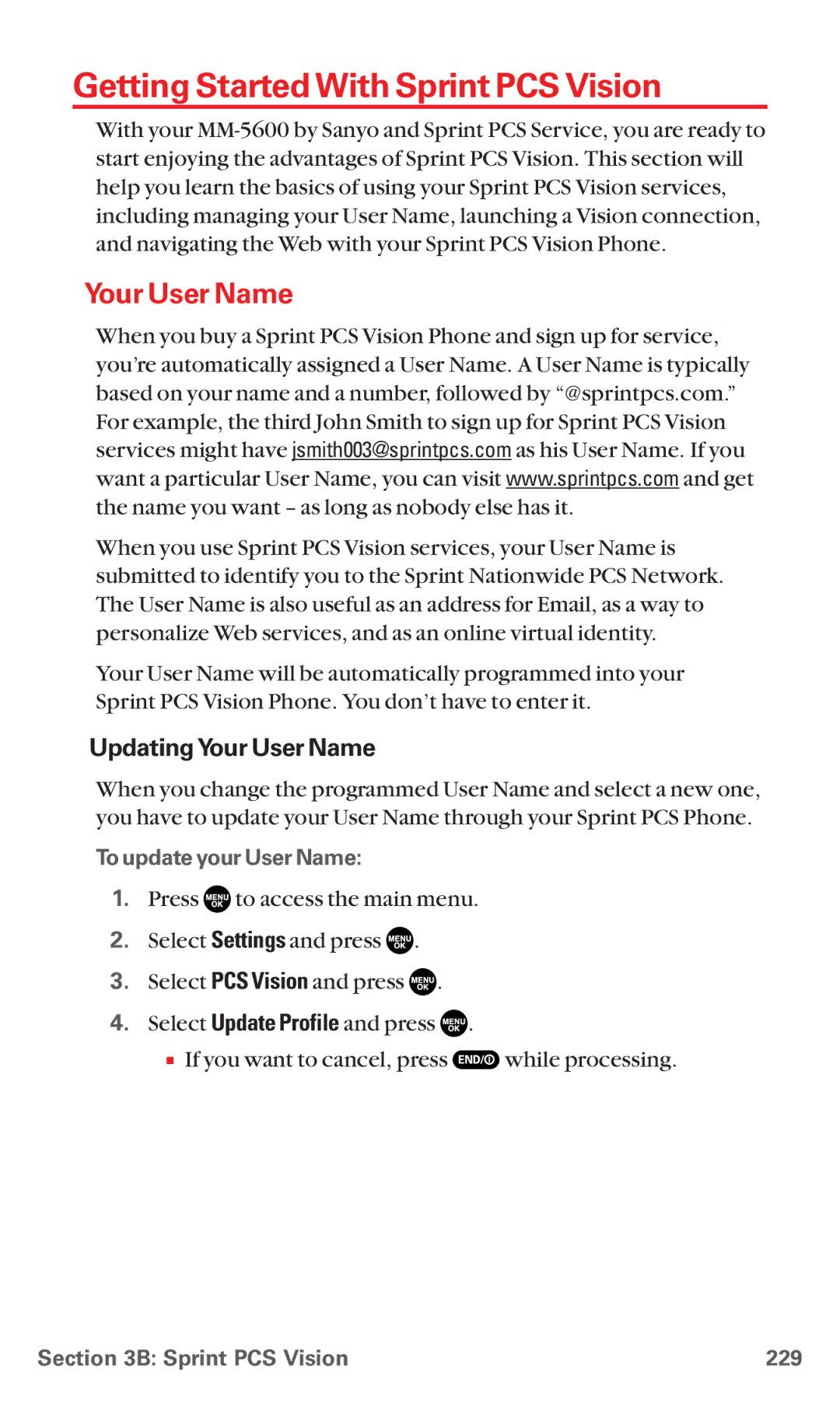 Sanyo MM-5600 manual Getting Started With Sprint PCS Vision, UpdatingYour User Name, To update your User Name 