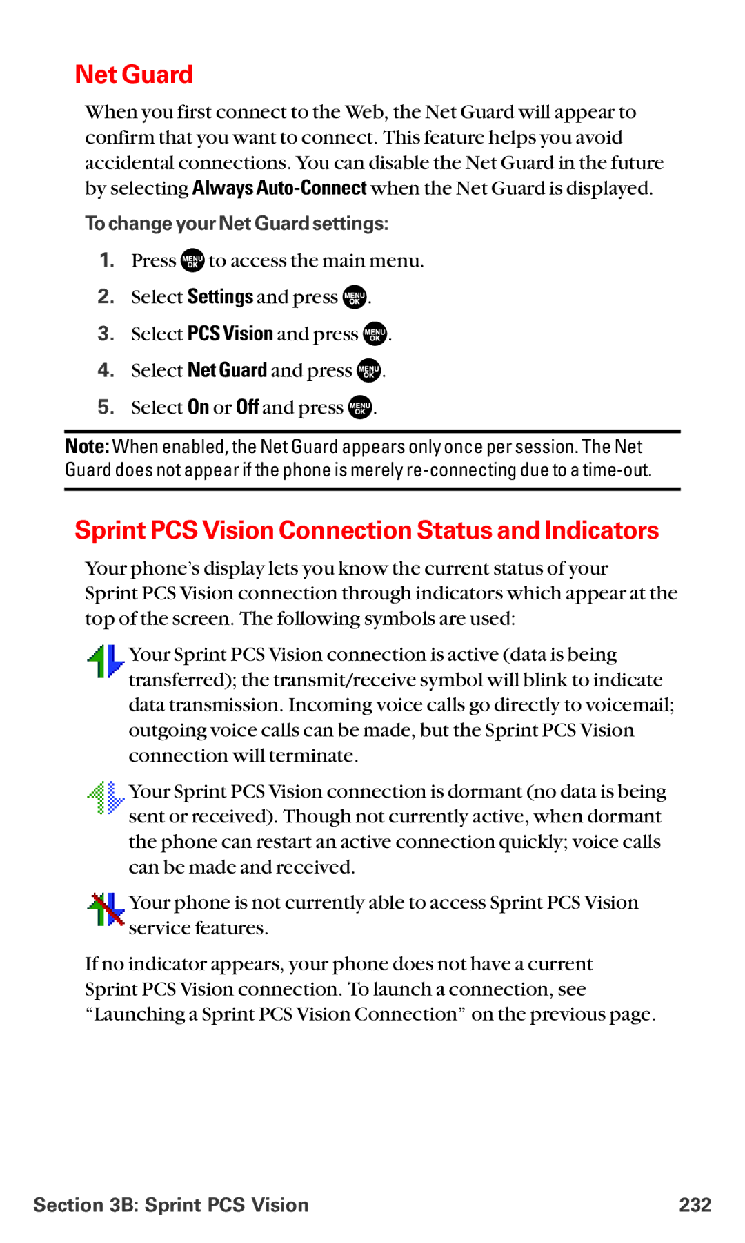 Sanyo MM-5600 manual Sprint PCS Vision Connection Status and Indicators, To change your Net Guardsettings 