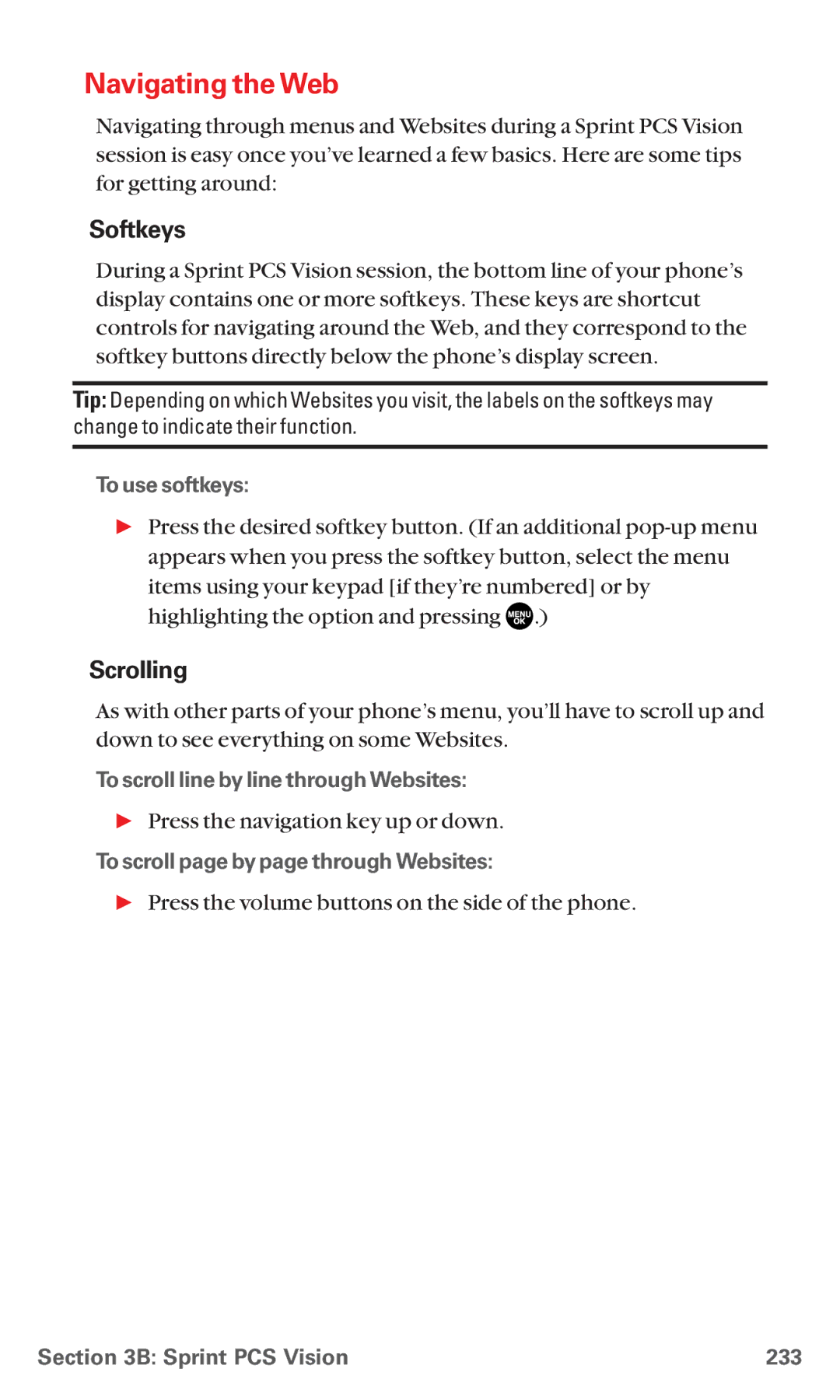 Sanyo MM-5600 manual Navigating the Web, Softkeys, Scrolling 