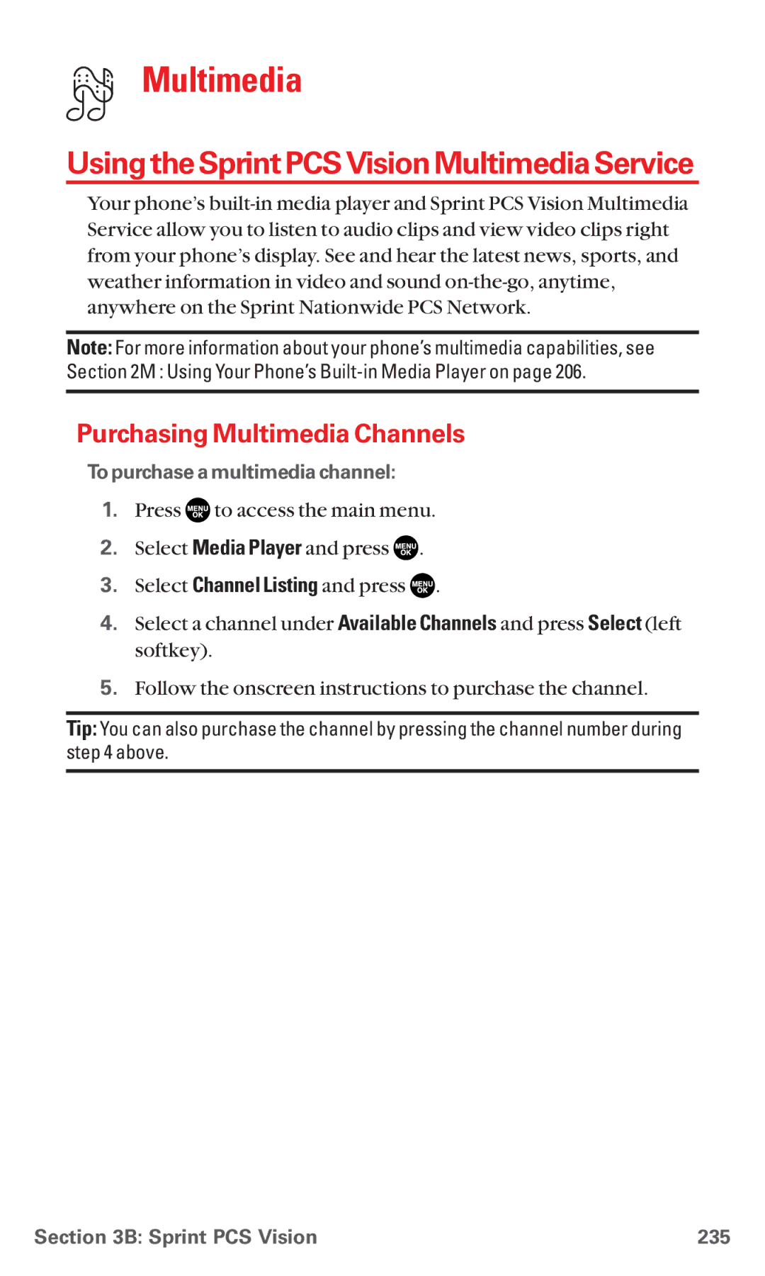 Sanyo MM-5600 Using the Sprint PCS Vision Multimedia Service, Purchasing Multimedia Channels, Sprint PCS Vision 235 