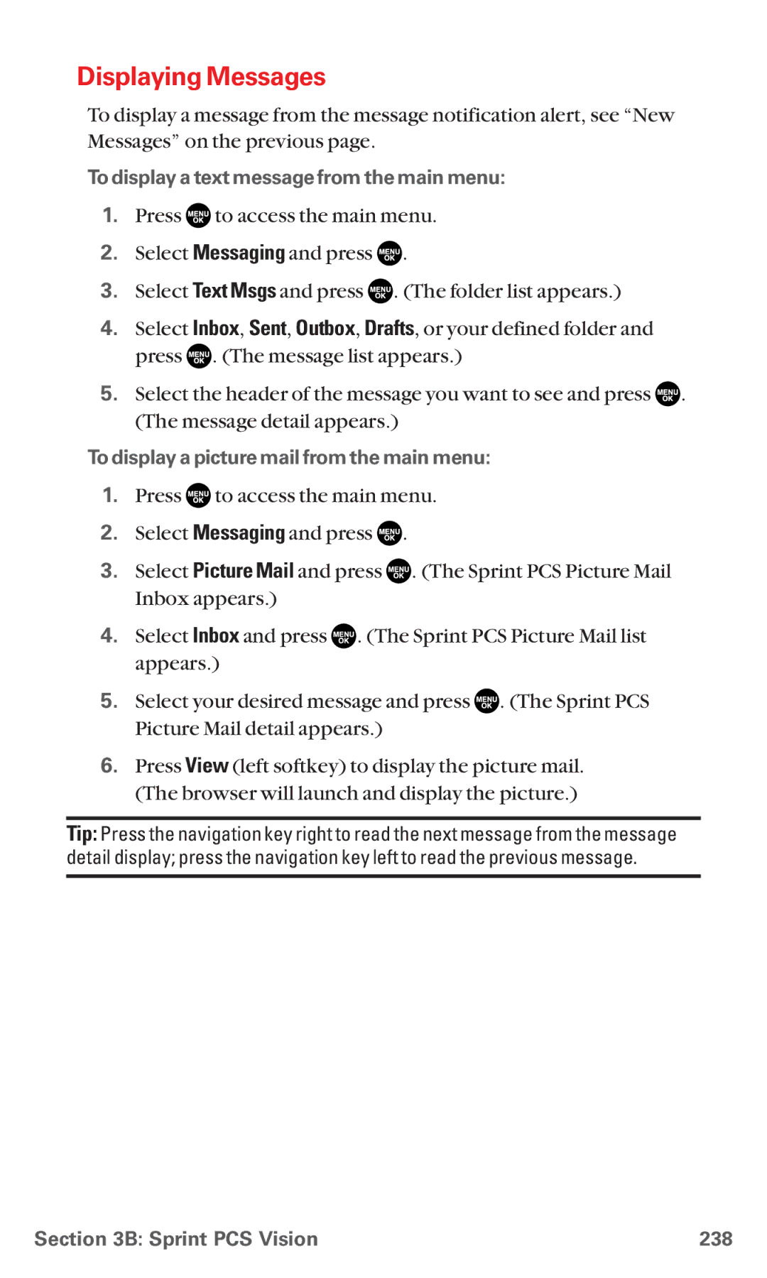 Sanyo MM-5600 manual Displaying Messages, To display a text message from the main menu, Sprint PCS Vision 238 