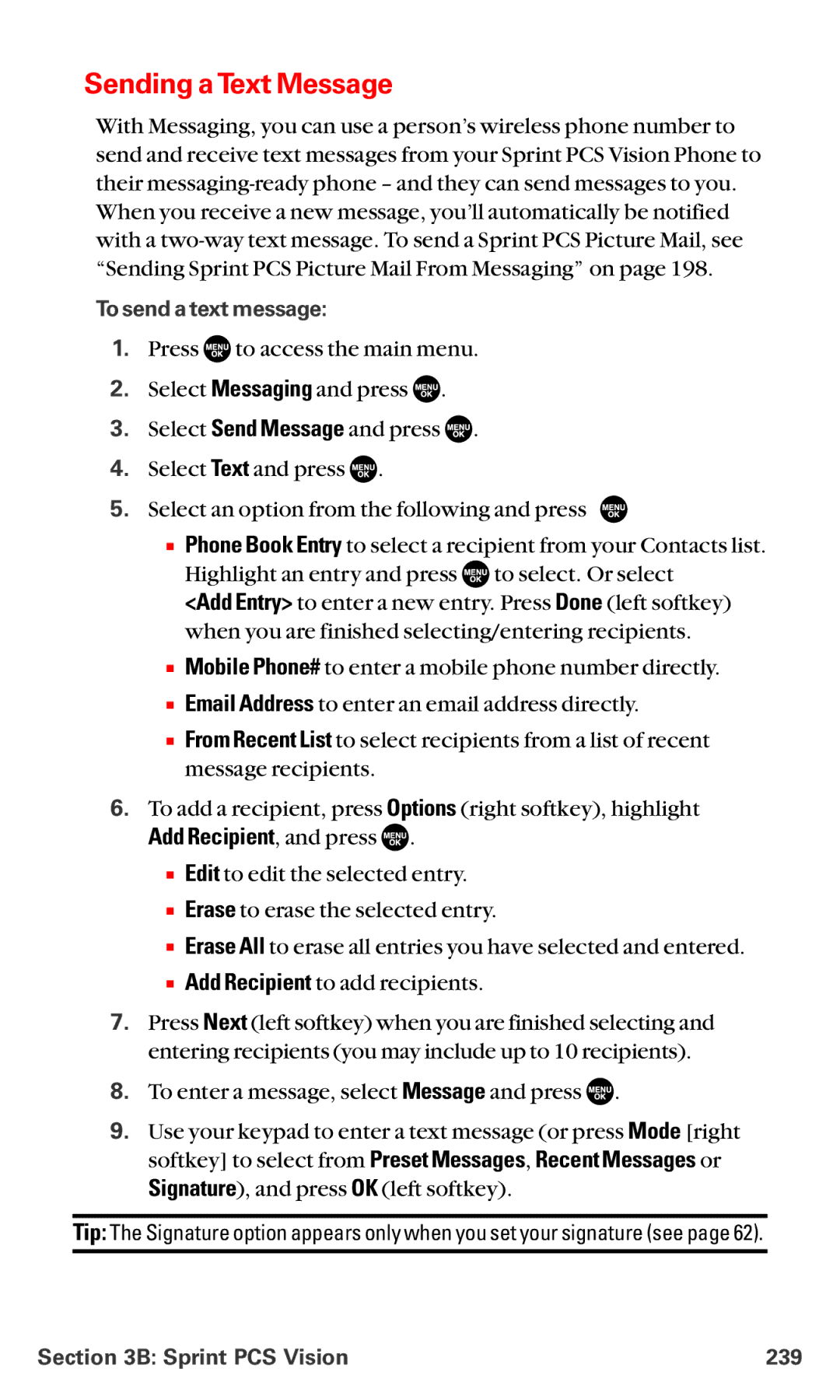 Sanyo MM-5600 manual Sending aText Message, Add Recipient, and press, To send a text message, Sprint PCS Vision 239 