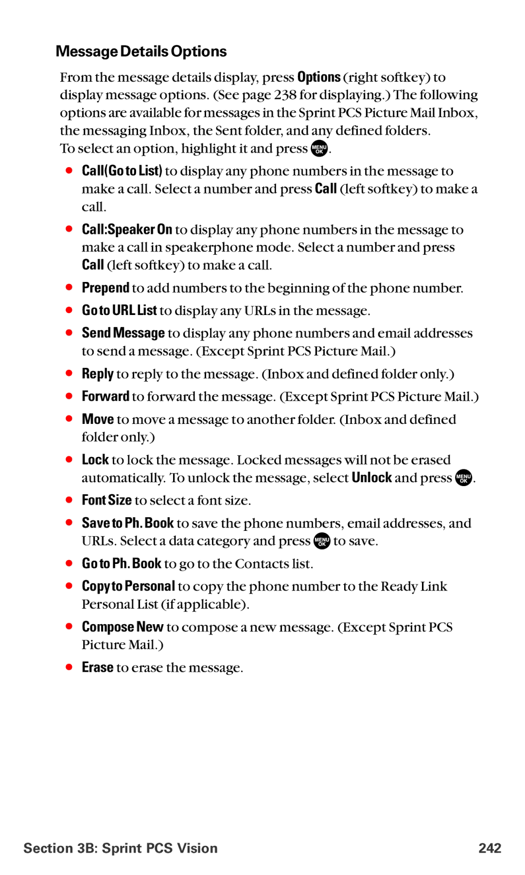 Sanyo MM-5600 manual Message Details Options, Sprint PCS Vision 242 