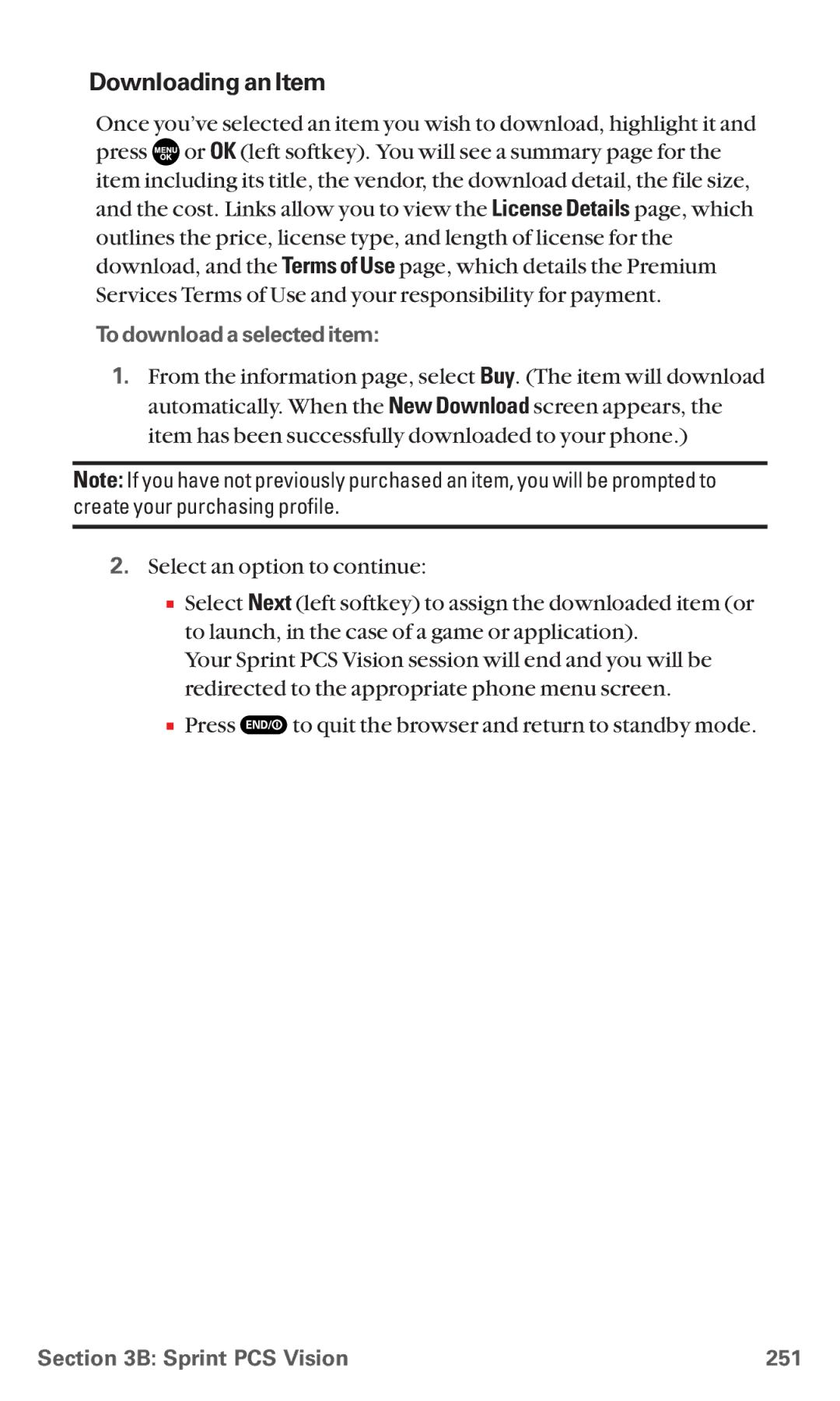 Sanyo MM-5600 manual Downloading an Item, To download a selected item, Sprint PCS Vision 251 