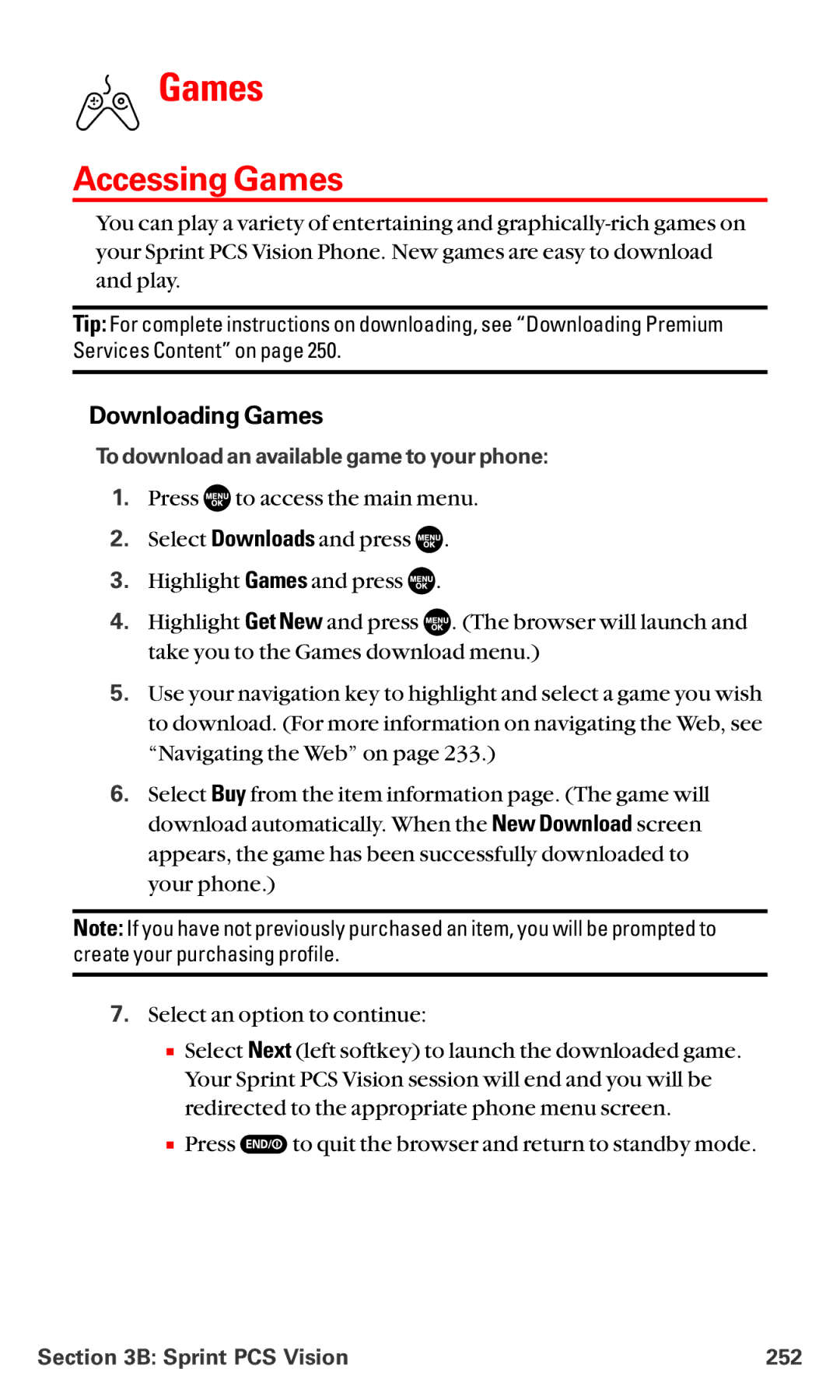 Sanyo MM-5600 Accessing Games, Downloading Games, To download an available game to your phone, Sprint PCS Vision 252 