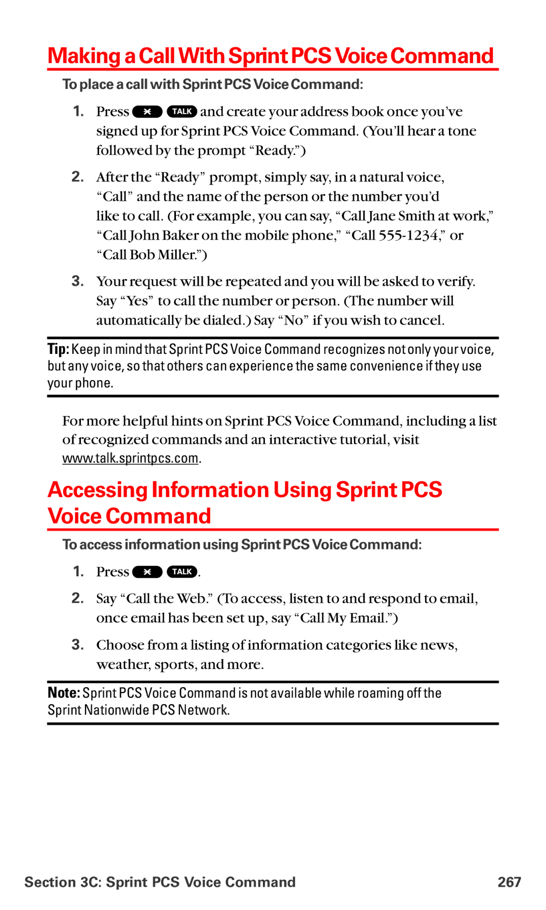 Sanyo MM-5600 manual Making a CallWith Sprint PCSVoice Command, Accessing Information Using Sprint PCS Voice Command 