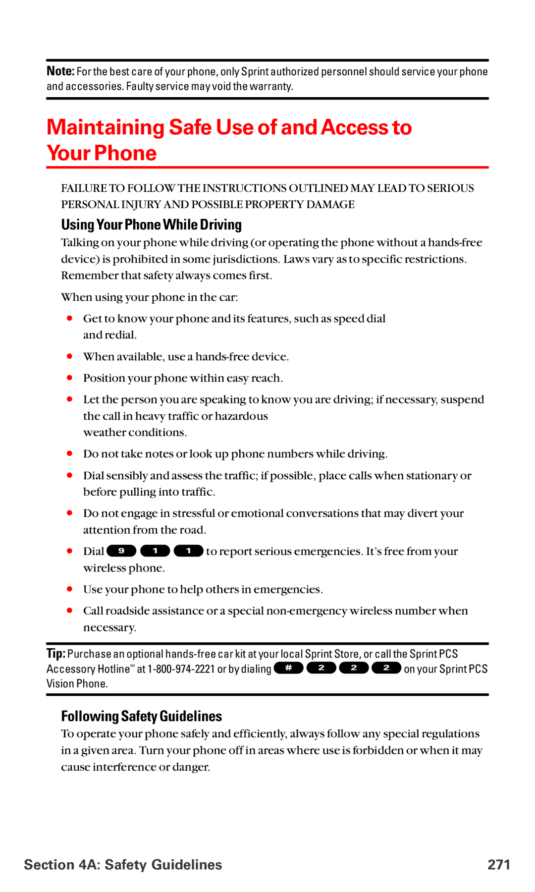 Sanyo MM-5600 Maintaining Safe Use of and Access to Your Phone, Using Your Phone While Driving, Safety Guidelines 271 