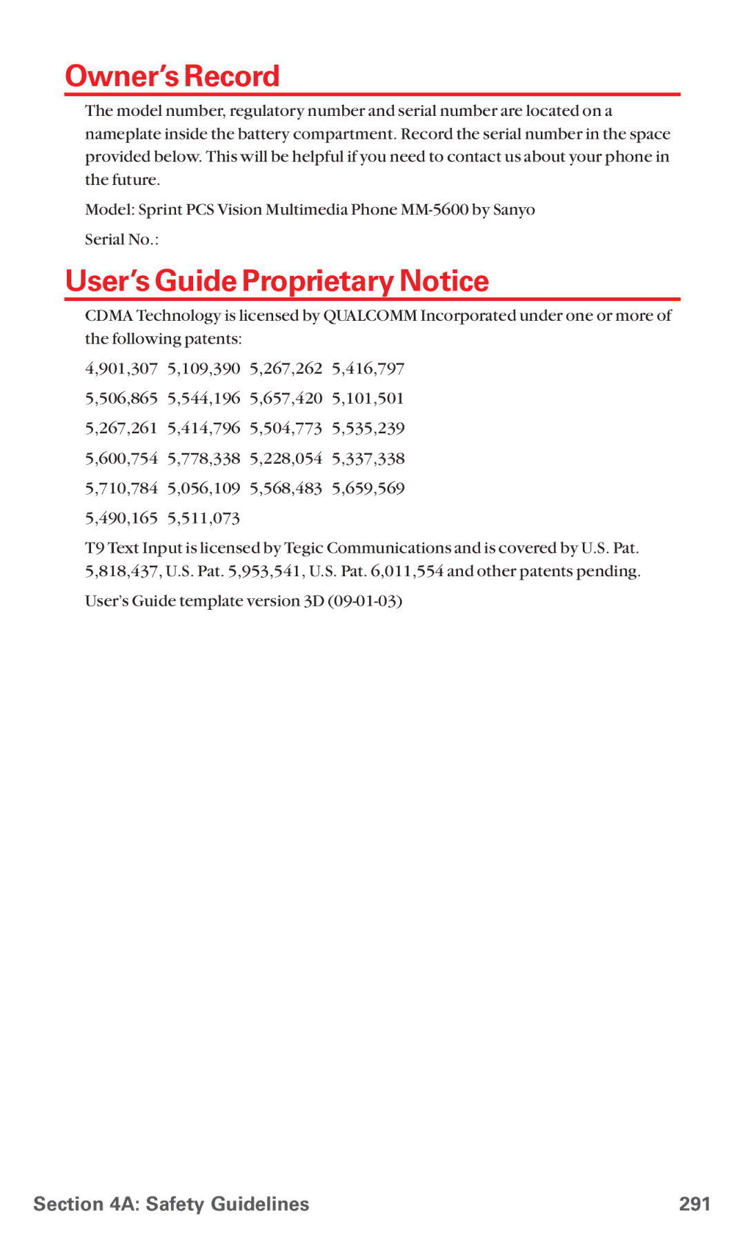 Sanyo MM-5600 manual Owner’s Record, User’s Guide Proprietary Notice, Safety Guidelines 291 