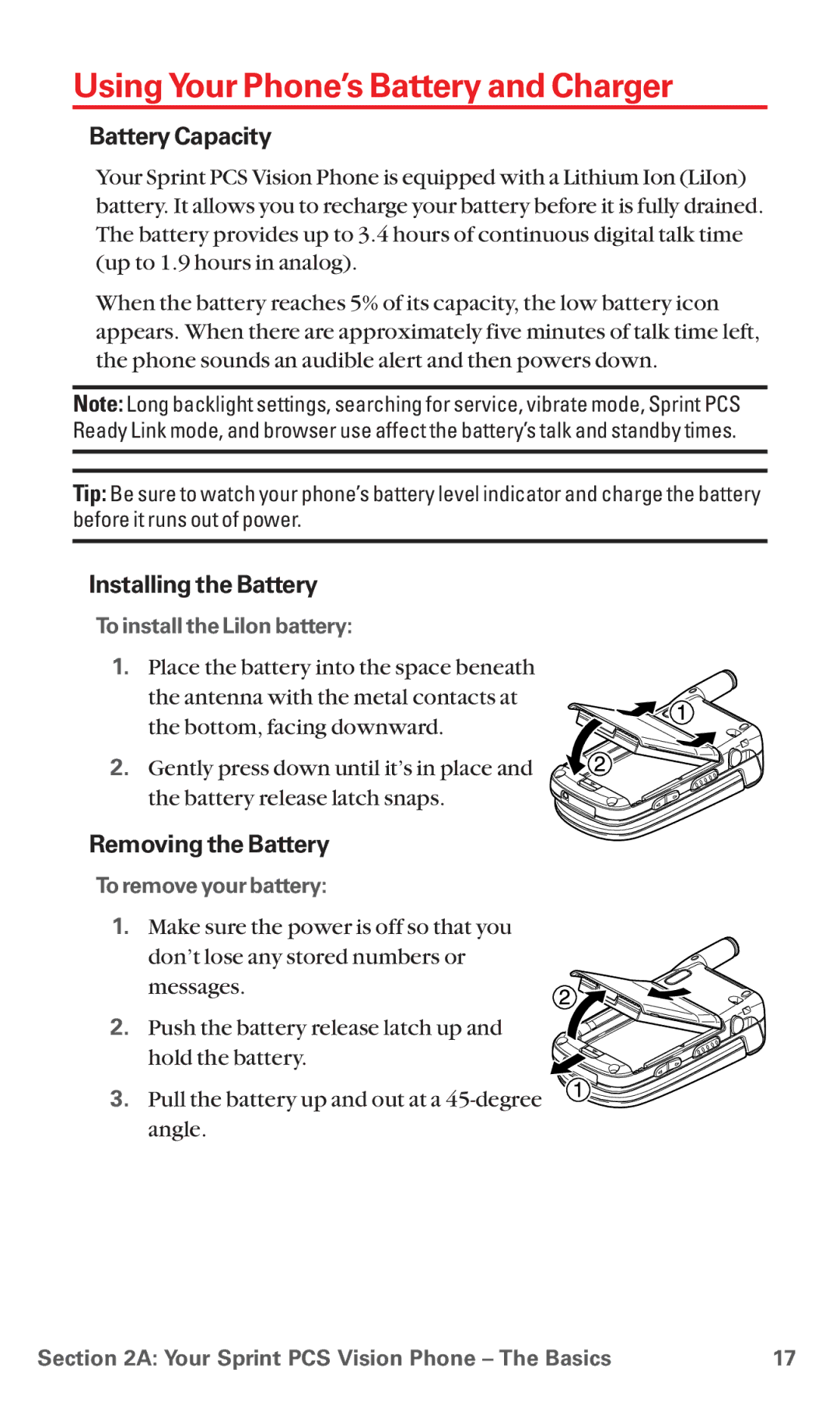 Sanyo MM-5600 manual UsingYour Phone’s Battery and Charger, Battery Capacity, Installingthe Battery, Removingthe Battery 