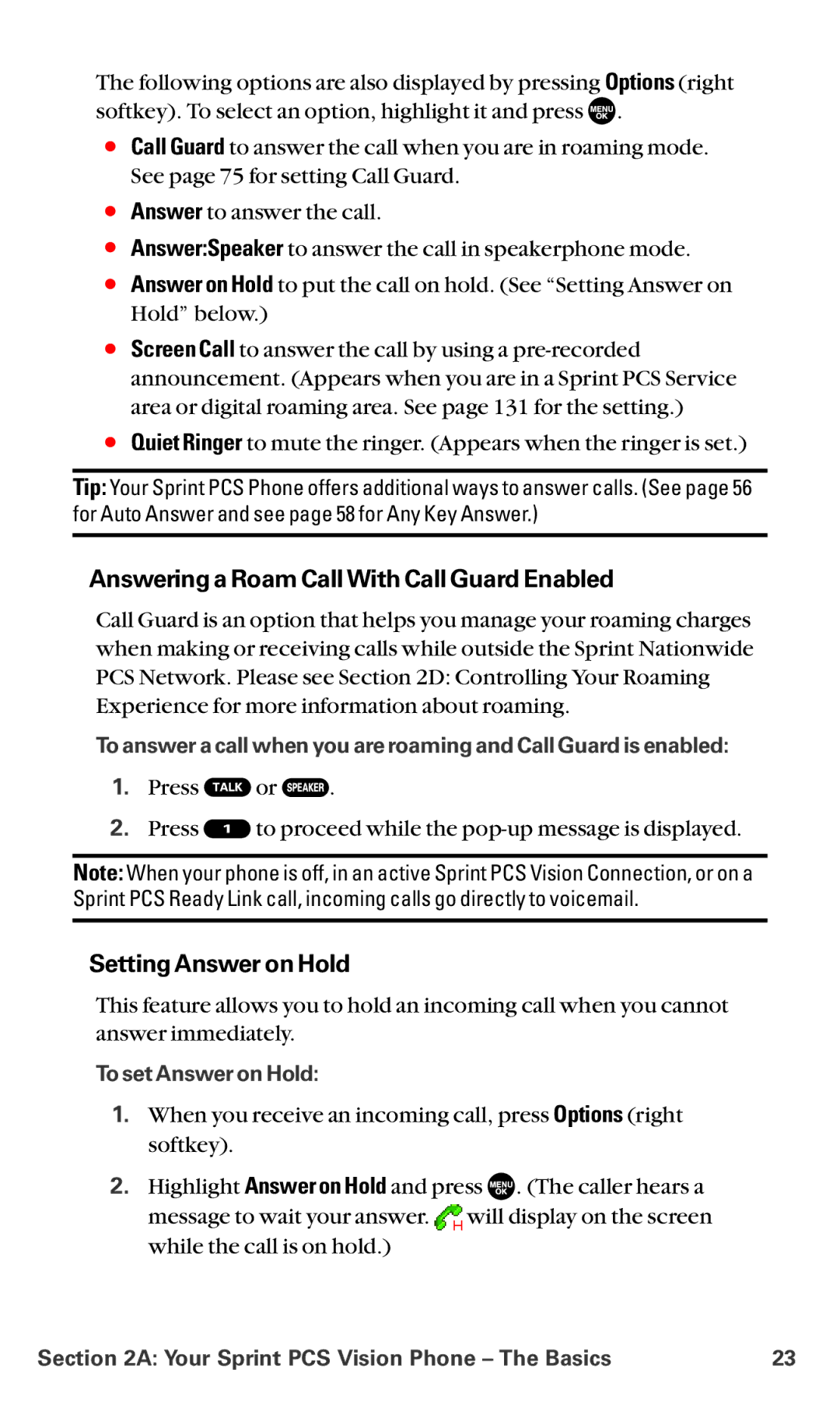 Sanyo MM-5600 manual Answering a Roam Call With Call Guard Enabled, Setting Answer on Hold, To set Answer on Hold 